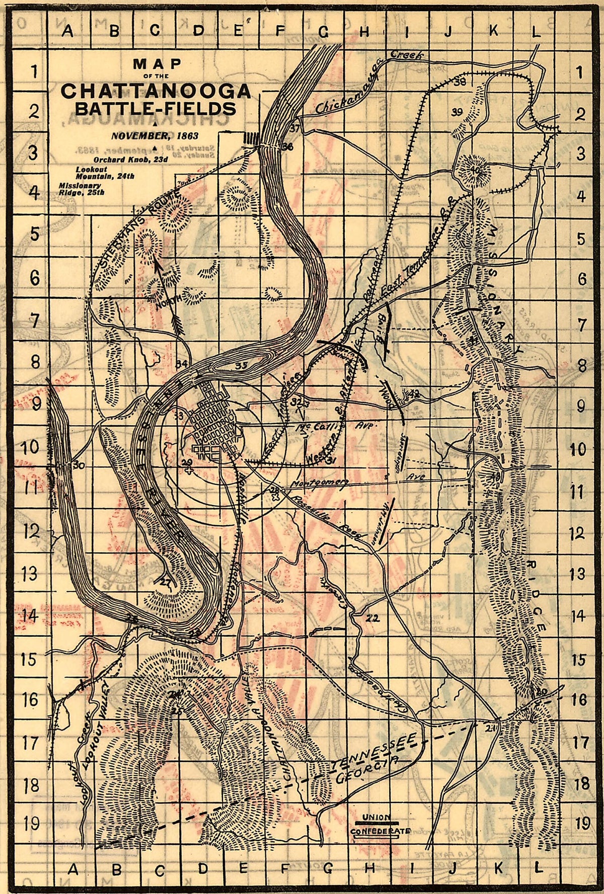 Fields, November, 1863. Orchard Knob, 23d, Lookout Mountain, 24th, Missionary Ridge, 25th 1898 by Relic Map Company