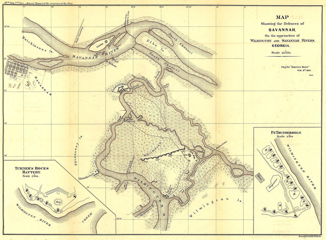 This old map of Map Showing the Defences of Savannah, On the Approaches of Wilmington and Savannah Rivers, Georgia. Flag Steamer Harvest Moon Feb. 8th from 1865 was created by United States. Navy in 1865