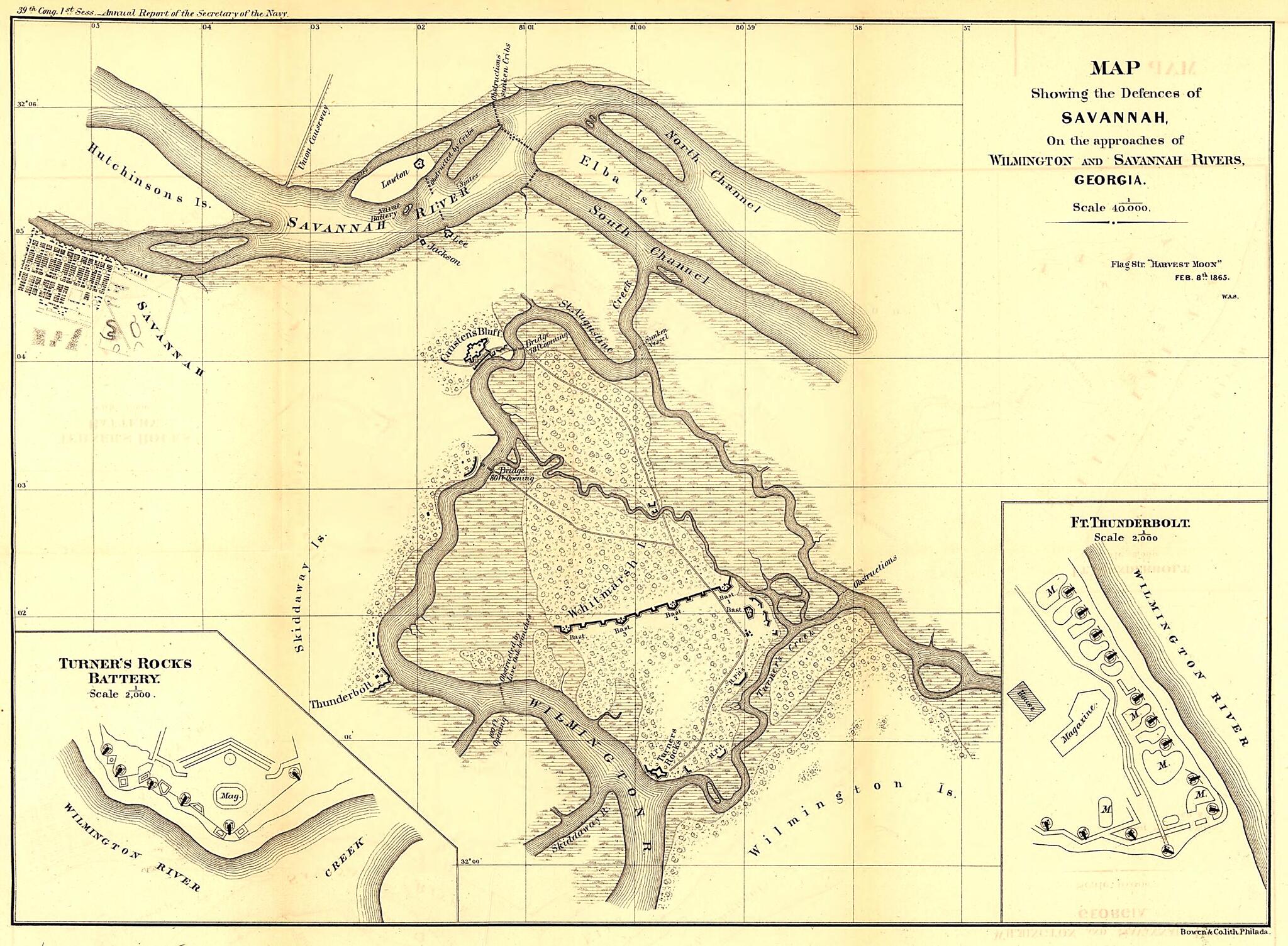 This old map of Map Showing the Defences of Savannah, On the Approaches of Wilmington and Savannah Rivers, Georgia. Flag Steamer Harvest Moon Feb. 8th from 1865 was created by United States. Navy in 1865