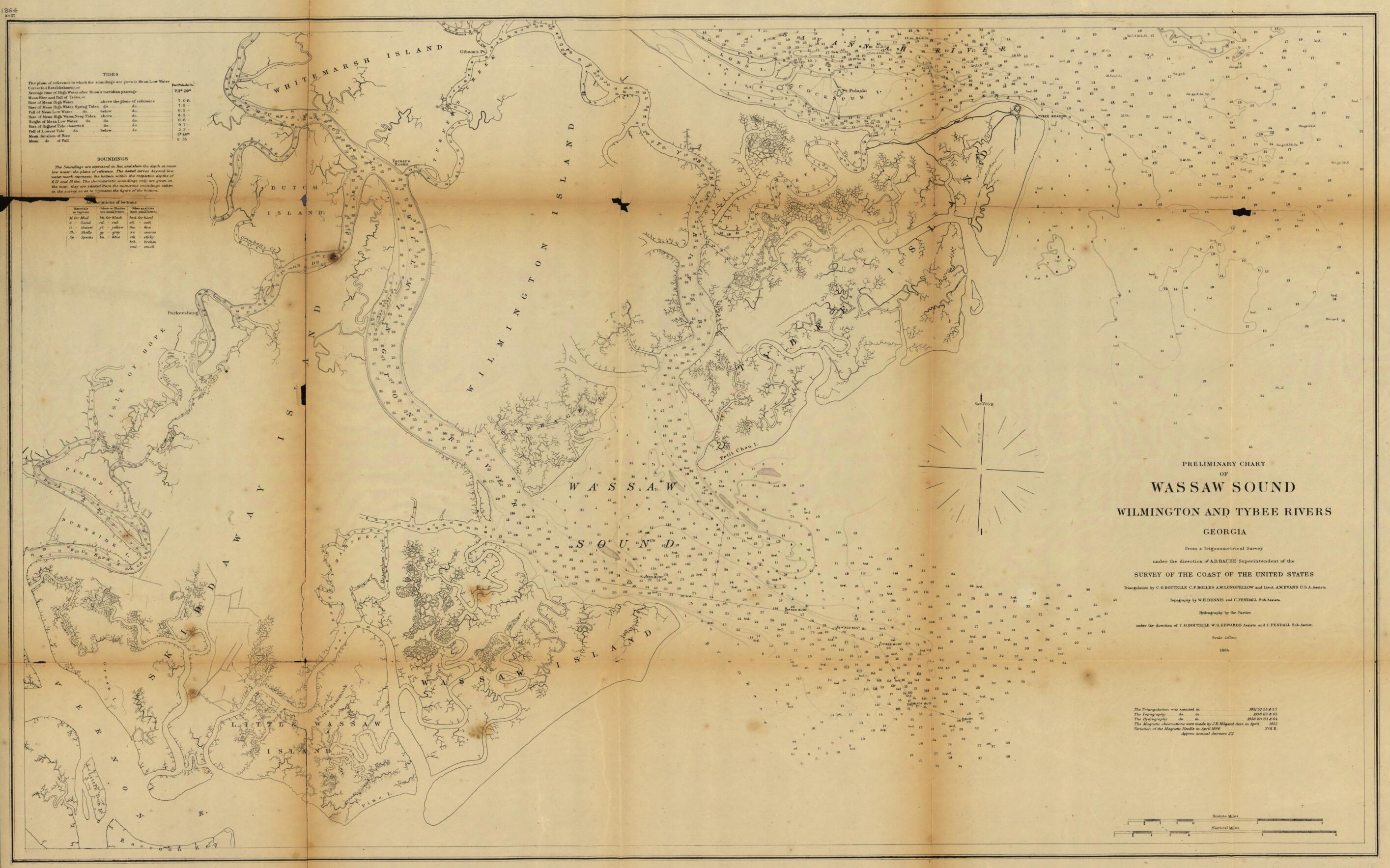 This old map of Preliminary Chart of Wassaw Sound, Wilmington and Tybee Rivers, Georgia from 1864 was created by C. P. Bolles, C. O. (Charles Otis) Boutelle, W. H. Dennis, W. S. Edwards, A. W. Evans, C. Fendall, A. W. (Alexander Wadsworth) Longfellow, U