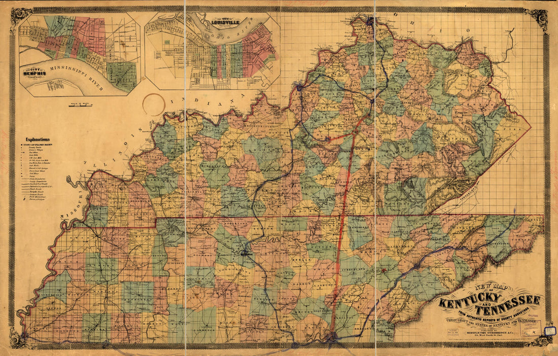 This old map of New Map of Kentucky and Tennessee from Authentic Reports of County Surveyors Throughout the States of Kentucky and Tennessee With a New Key for Measuring Distances and Specifying Localities (which Key Is Secured by Copyright.) from 1861 w