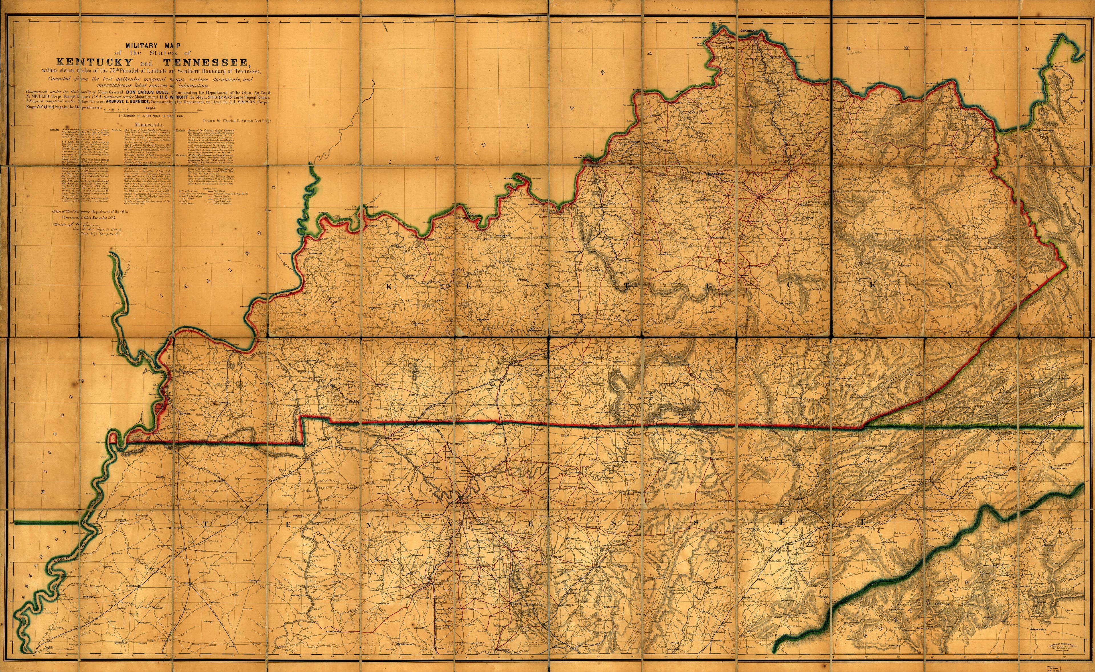 This old map of Military Map of the States of Kentucky and Tennessee, Within Eleven Miles of the 35th Parallel of Latitude Or Southern Boundary of Tennessee; Compiled from the Best Authentic Original Maps, Various Documents, and Miscellaneous Latest Sour
