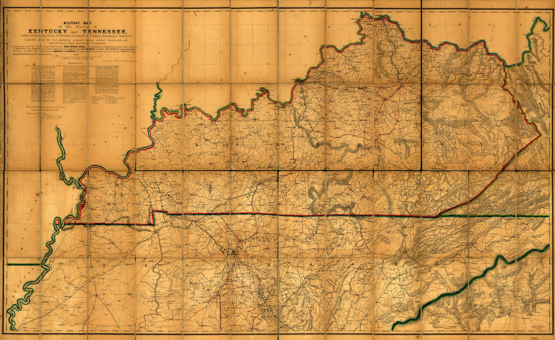 This old map of Military Map of the States of Kentucky and Tennessee, Within Eleven Miles of the 35th Parallel of Latitude Or Southern Boundary of Tennessee; Compiled from the Best Authentic Original Maps, Various Documents, and Miscellaneous Latest Sour