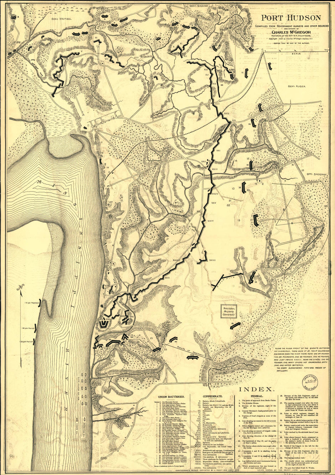 This old map of Port Hudson Compiled from Government Surveys and Other Sources and Drawn by Charles McGregor, Historian of the 15th N.H. Volunterrs. Lith. By Geo. H. Walker & Co., Boston from 1900 was created by Charles McGregor in 1900