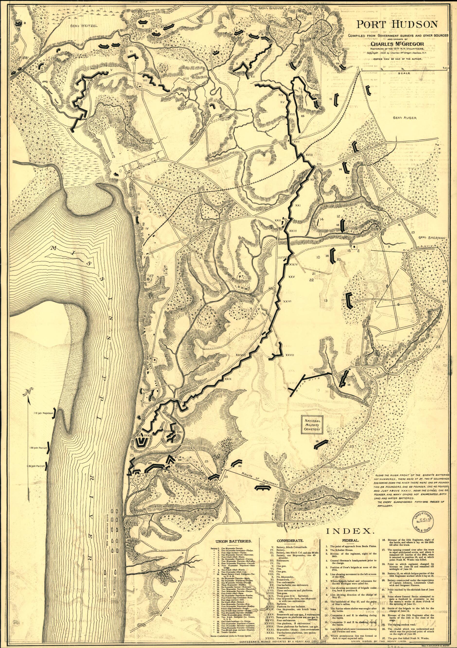 This old map of Port Hudson Compiled from Government Surveys and Other Sources and Drawn by Charles McGregor, Historian of the 15th N.H. Volunterrs. Lith. By Geo. H. Walker & Co., Boston from 1900 was created by Charles McGregor in 1900