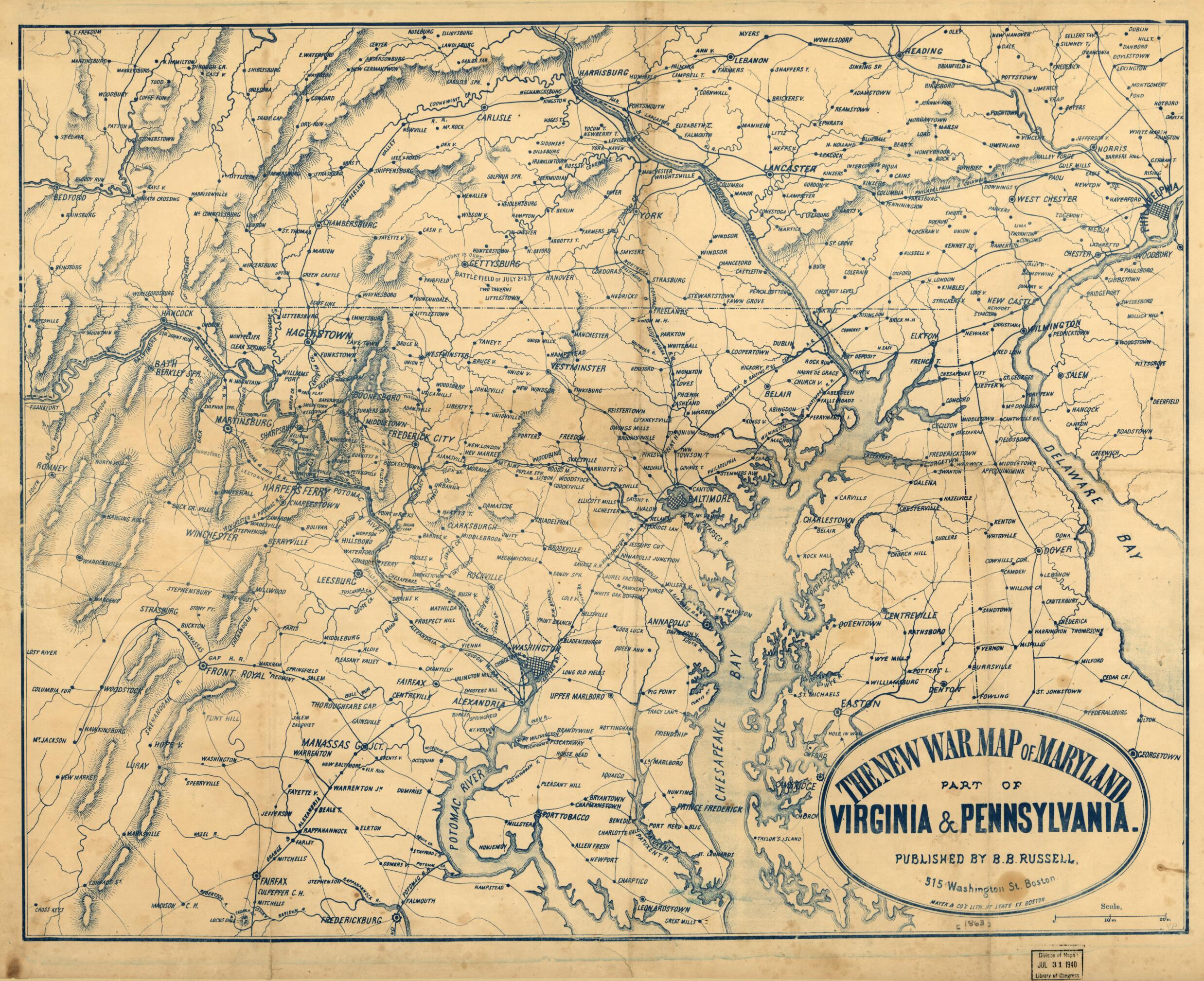 This old map of The New War Map of Maryland, Part of Virginia & Pennsylvania from 1863 was created by B. B. (Benjamin B.) Russell in 1863