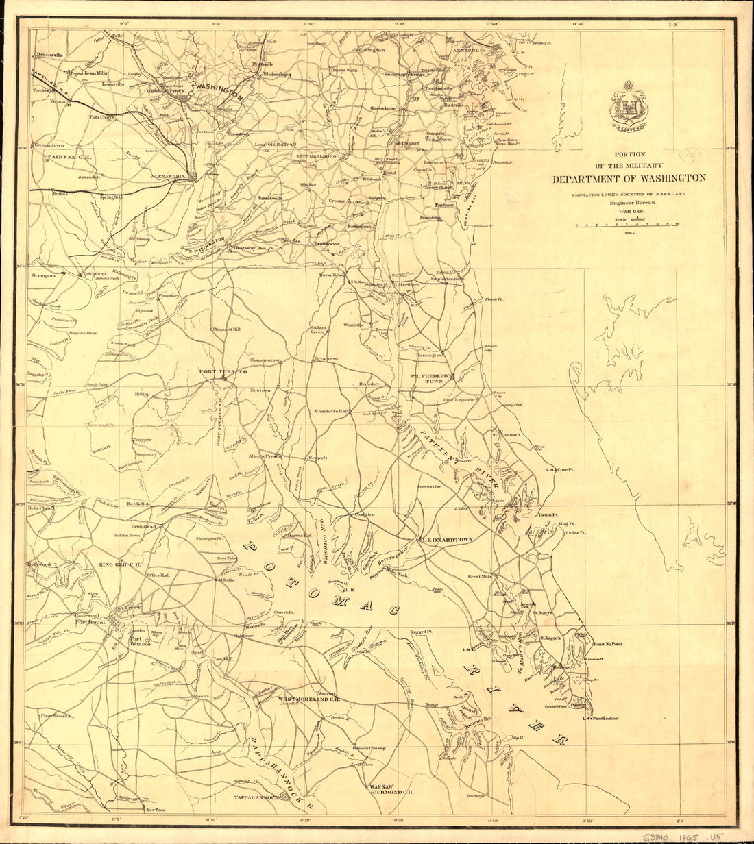This old map of Portion of the Military Department of Washington Embraching Lower Counties of Maryland from 1865 was created by United States. Army. Corps of Engineers in 1865
