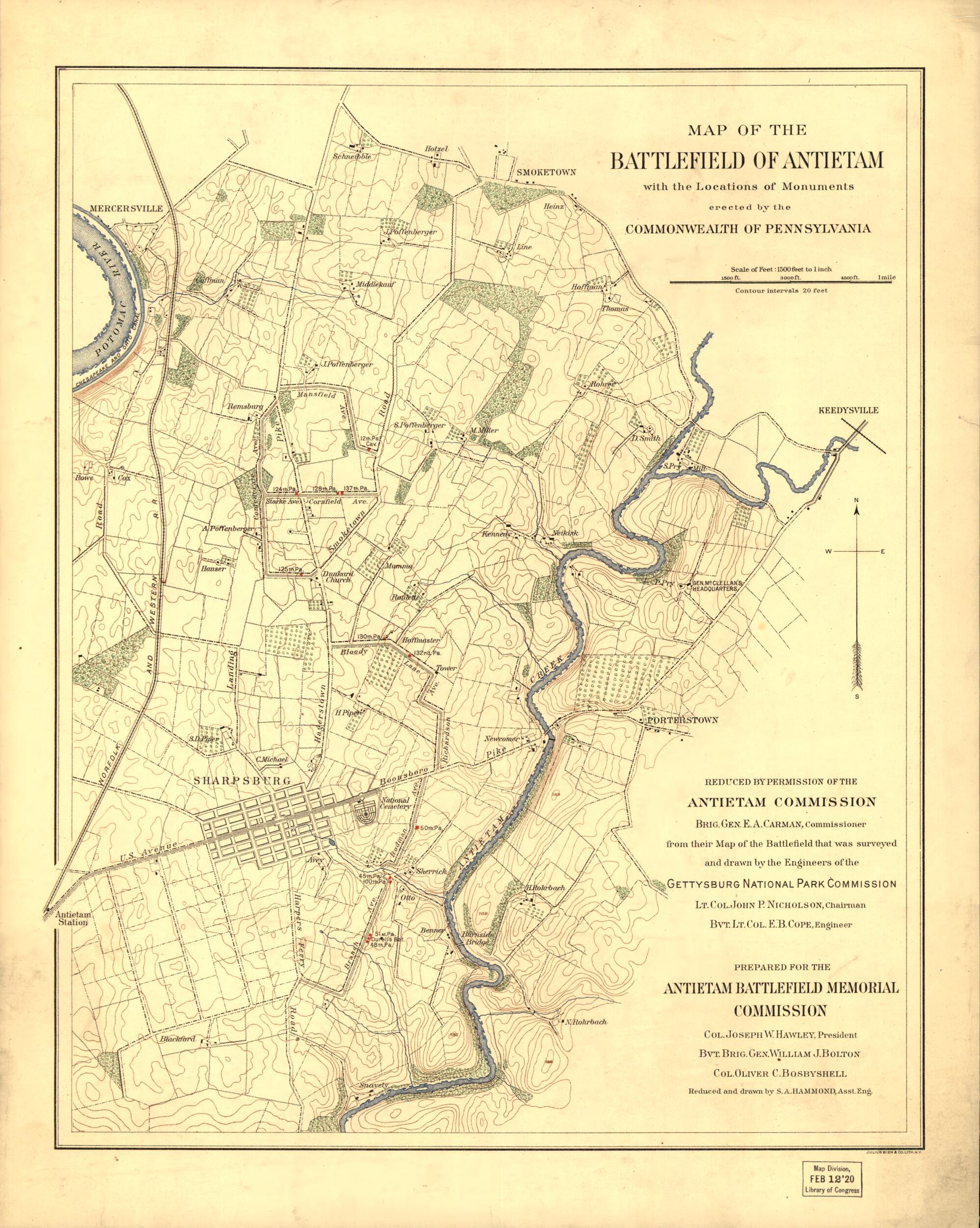 This old map of Map of the Battlefield of Antietam With the Locations of Monuments Erected by the Commonwealth of Pennsylvania from 1908 was created by Antietam Battlefield Memorial Commission in 1908