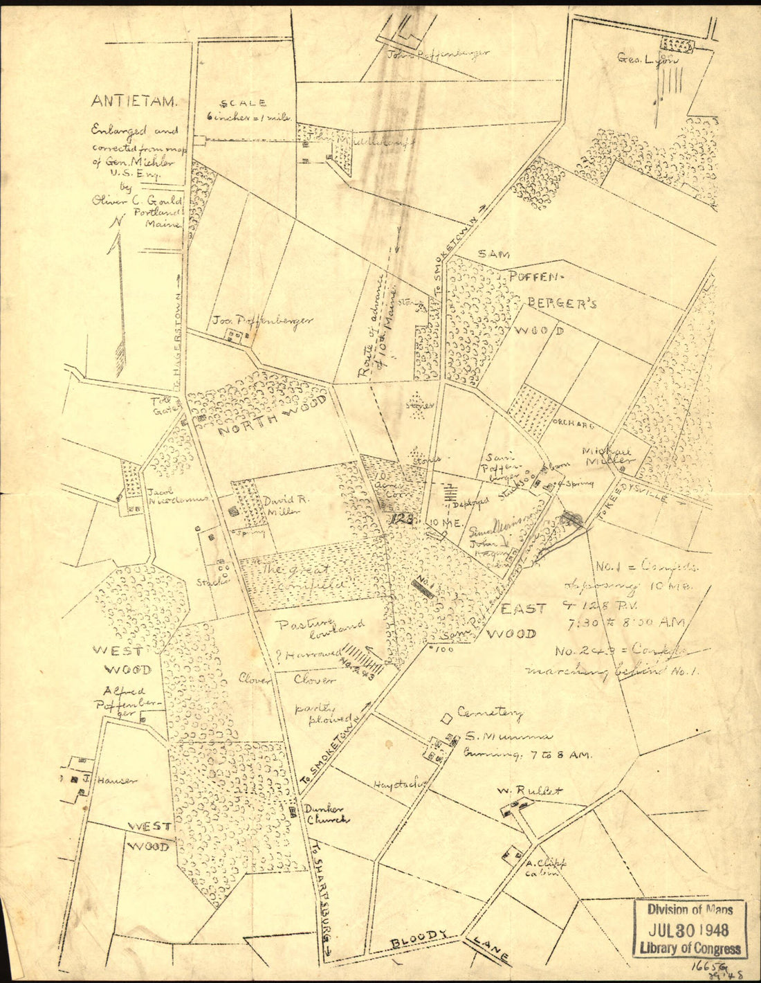 This old map of Antietam. Enlarged and Corrected from Map of Gen. Michler, U.S. Eng from 1890 was created by Oliver C. Gould in 1890