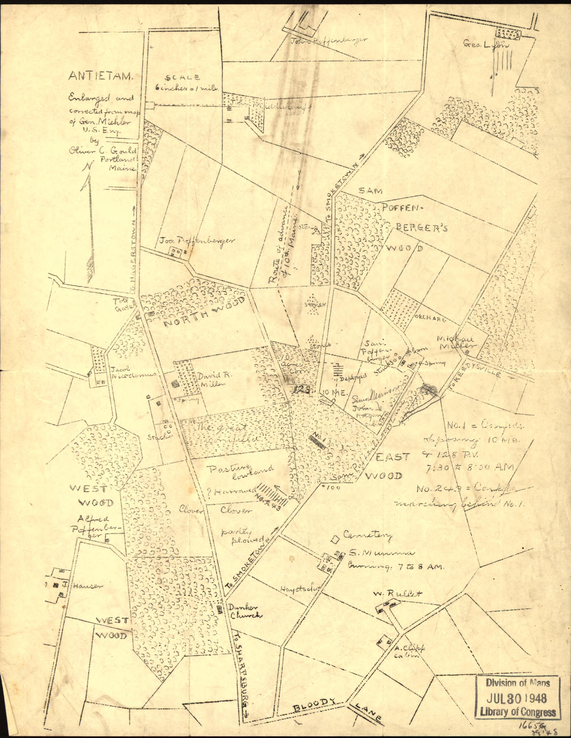 This old map of Antietam. Enlarged and Corrected from Map of Gen. Michler, U.S. Eng from 1890 was created by Oliver C. Gould in 1890