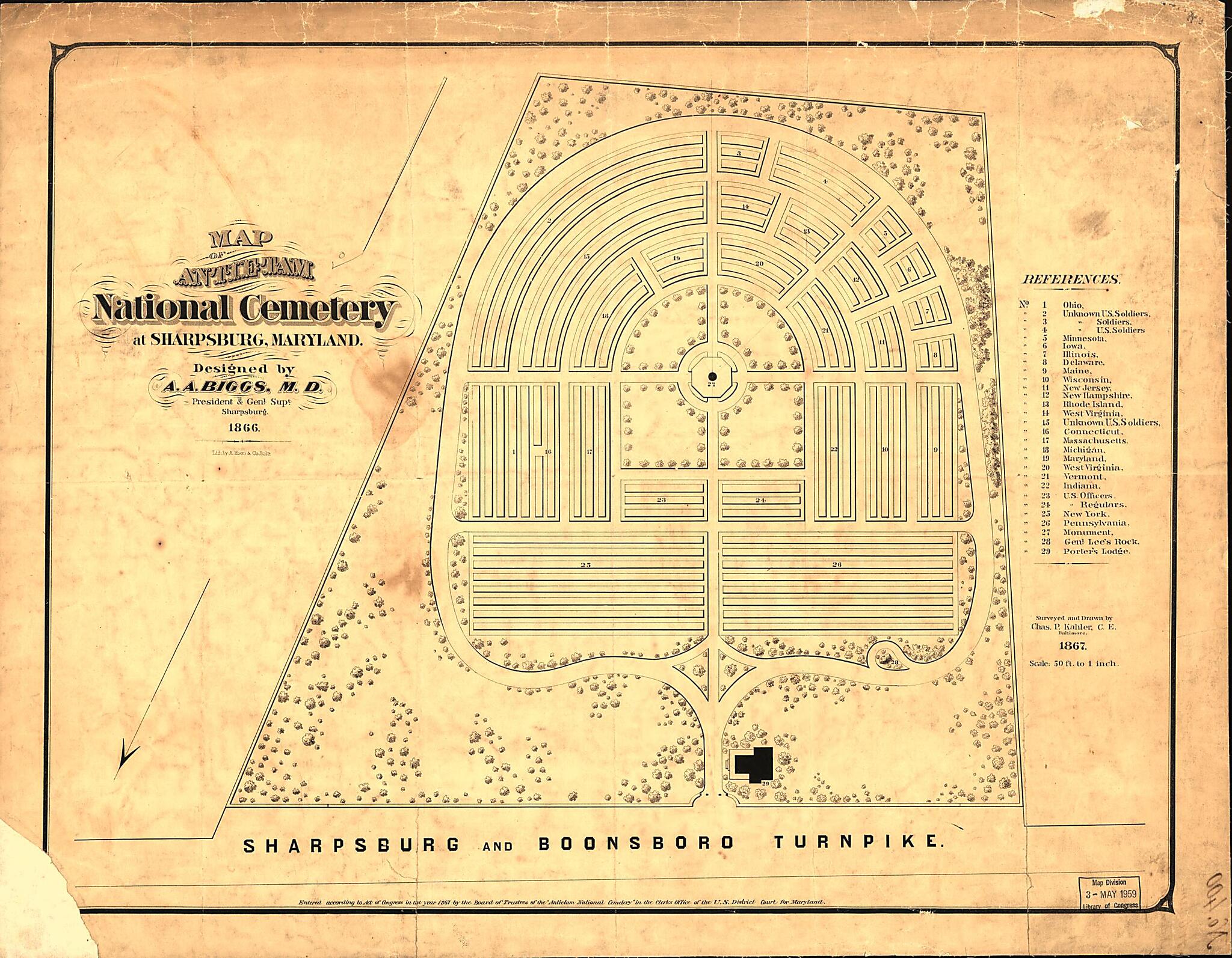 This old map of Map of Antietam National Cemetery at Sharpsburg, Maryland from 1867 was created by Charles P. Kahler in 1867