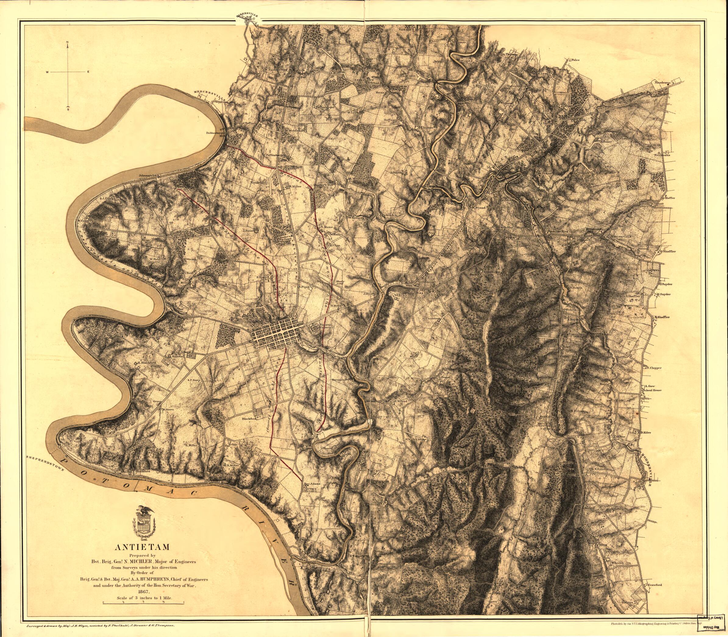 This old map of Antietam from 1867 was created by N. (Nathaniel) Michler in 1867