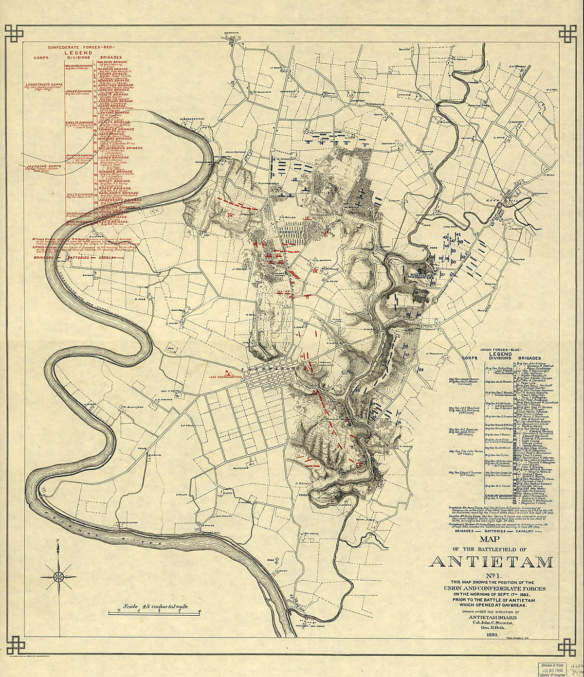 Map of the Battlefield of Antietam. No. 1. This Map Shows the Position of the Union and Confederate Forces On the Morning of Sept. 17th, 1862, Prior to the Battle of Antietam Which Opened at Daybreak 1893 by Relic Map Company