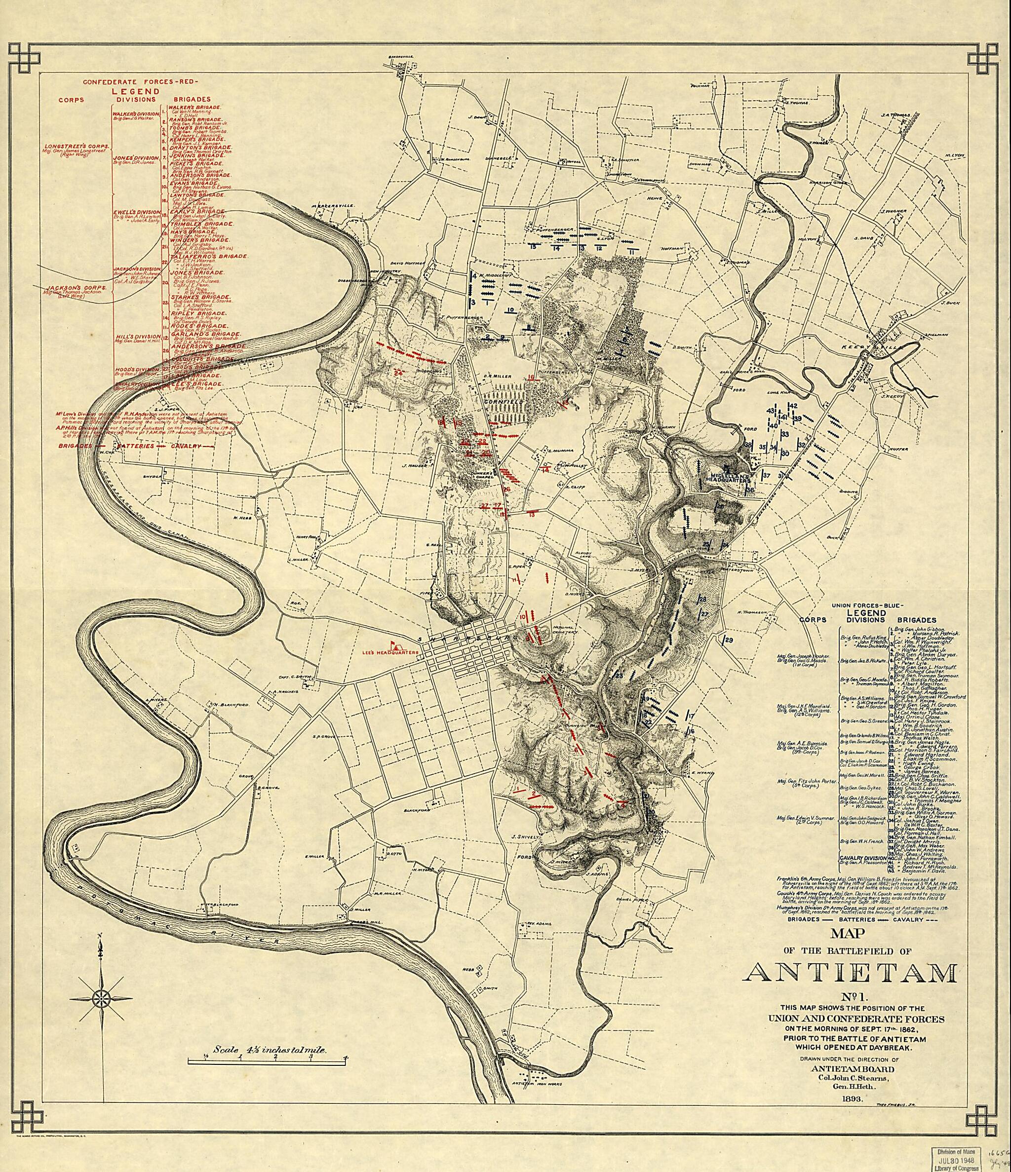 This old map of Map of the Battlefield of Antietam. No. 1. This Map Shows the Position of the Union and Confederate Forces On the Morning of Sept. 17th, 1862, Prior to the Battle of Antietam Which Opened at Daybreak from 1893 was created by Antietam Bat