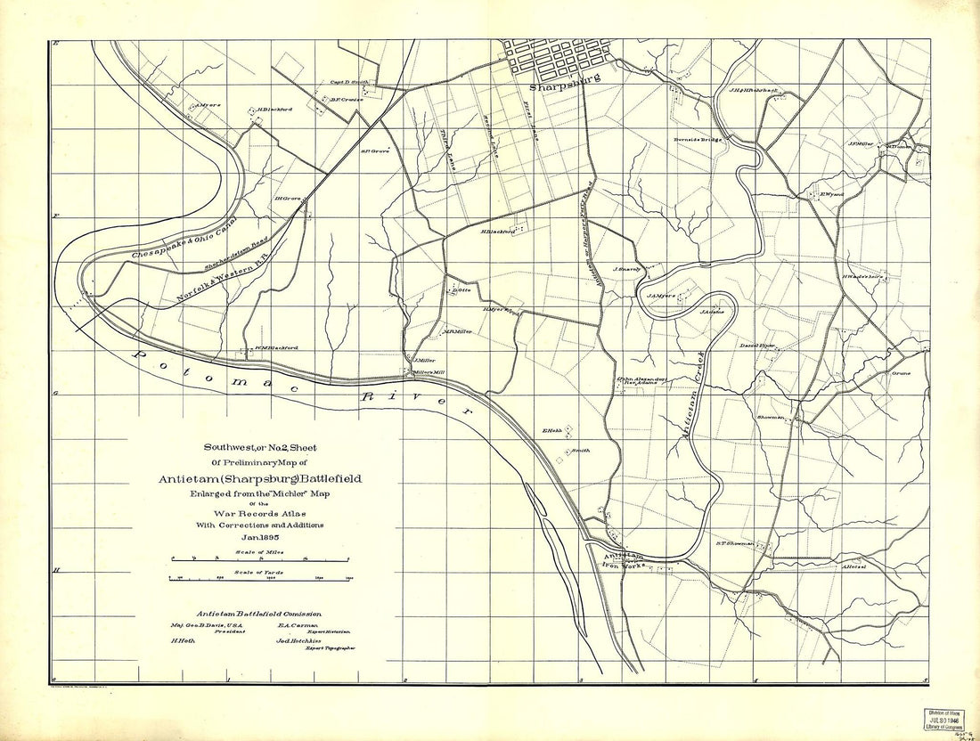 This old map of Southwest, Or No. 2, Sheet of Preliminary Map of Antietam (Sharpsburg) Battlefield. Enlarged from Michler Map of the War Records Atlas With Corrections and Additions from 1895 was created by Antietam Battlefield Board in 1895