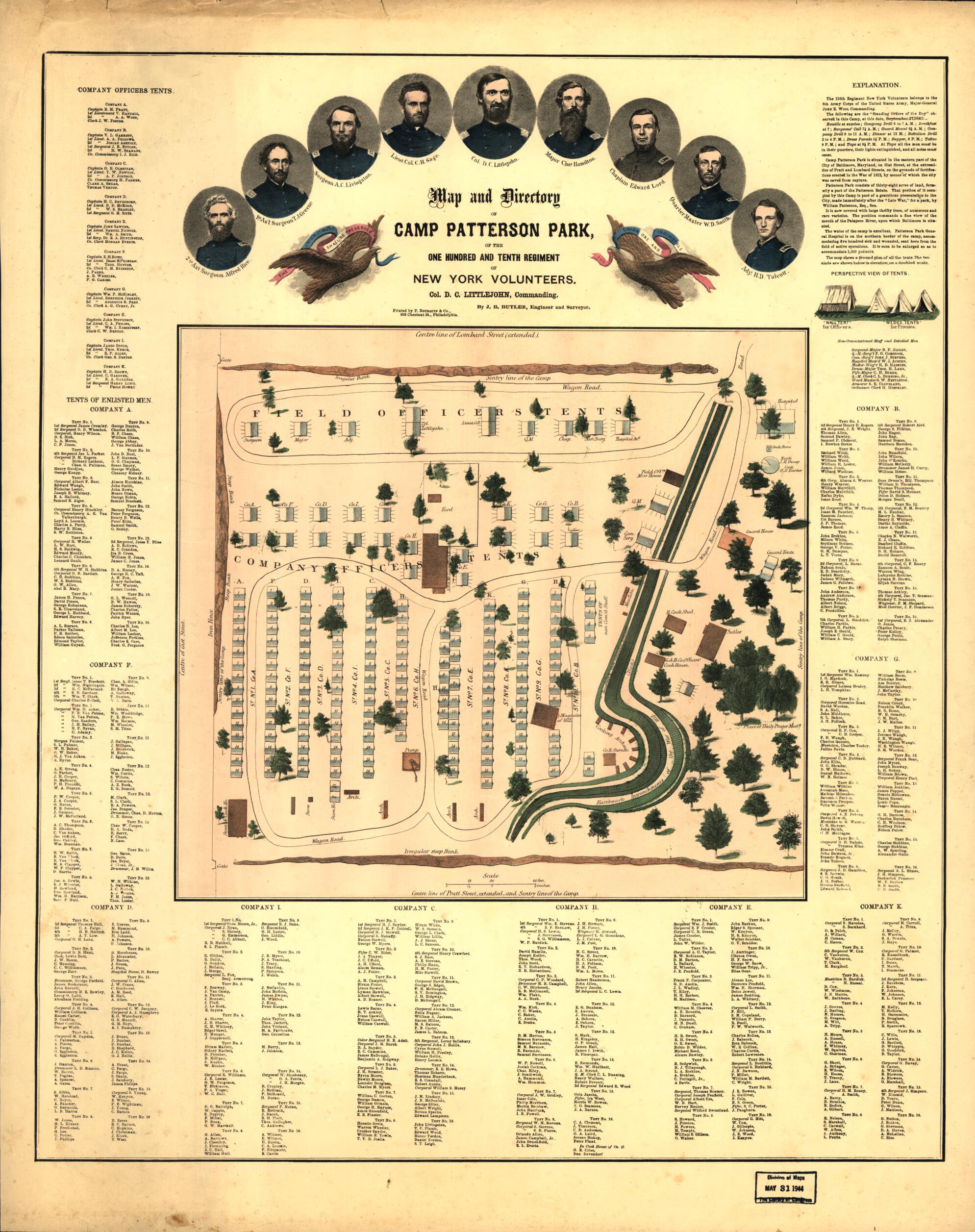 This old map of Map and Directory of Camp Patterson Park Baltimore, Maryland One Hundred and Tenth Regiment of New York Volunteers. Col. D. C. Littlejohn, Commanding from 1862 was created by J. B. Butler in 1862