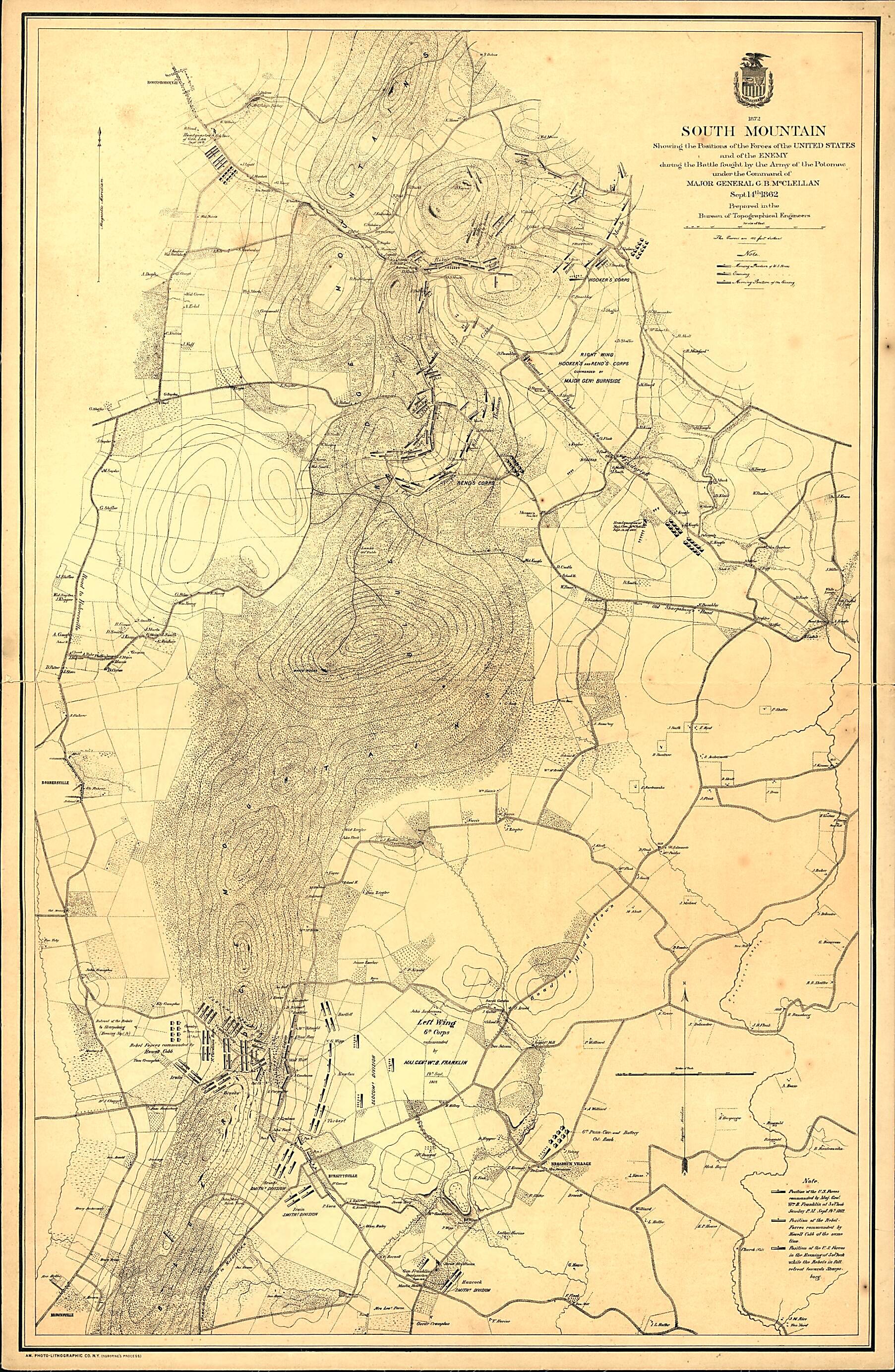 This old map of South Mountain Showing the Positions of the Forces of the United States and the Enemy During the Battle Fought by the Army of the Potomac Under the Command of Major General G. B. McClellan, Sept. 14th 1862. Am from 1872 was created by Un