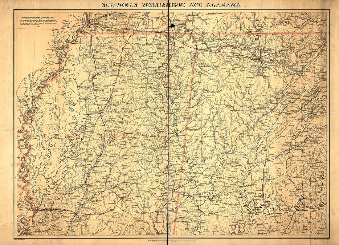 This old map of Northern Mississippi and Alabama from 1864 was created by A. Lindenkohl, United States Coast Survey in 1864