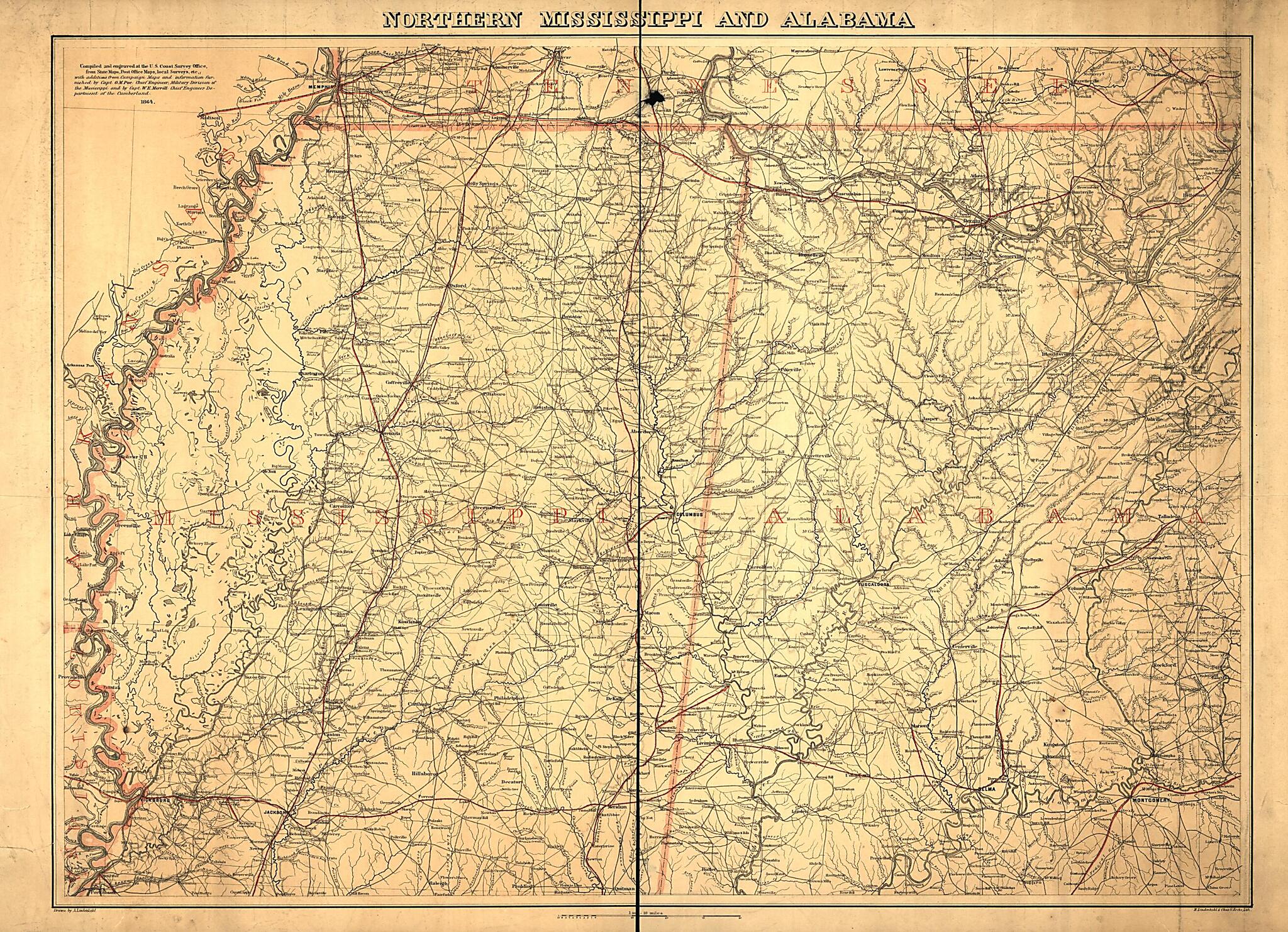 This old map of Northern Mississippi and Alabama from 1864 was created by A. Lindenkohl, United States Coast Survey in 1864
