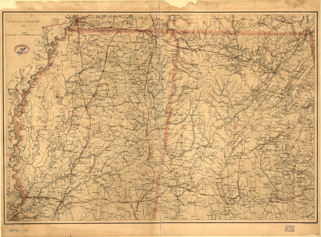 This old map of Northern Mississippi and Alabama from 1865 was created by A. Lindenkohl, United States Coast Survey in 1865