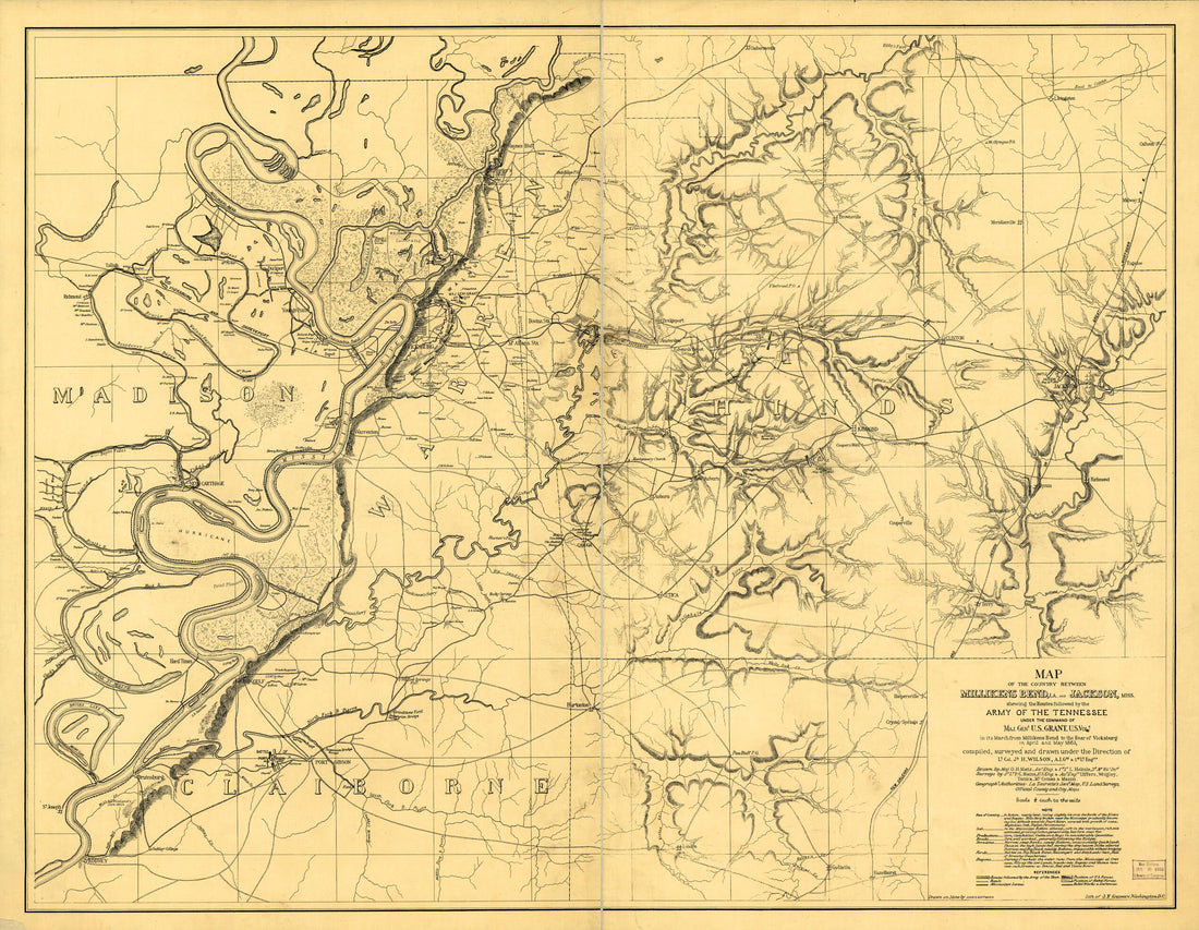 This old map of Map of the Country Between Millikens Bend, La. and Jackson, Mississippi Shewing the Routes Followed by the Army of the Tennessee Under the Command of Maj. Genl. U.S. Grant, U.S. Vols. In Its March from Millikens Bend to the Rear of Vicksb