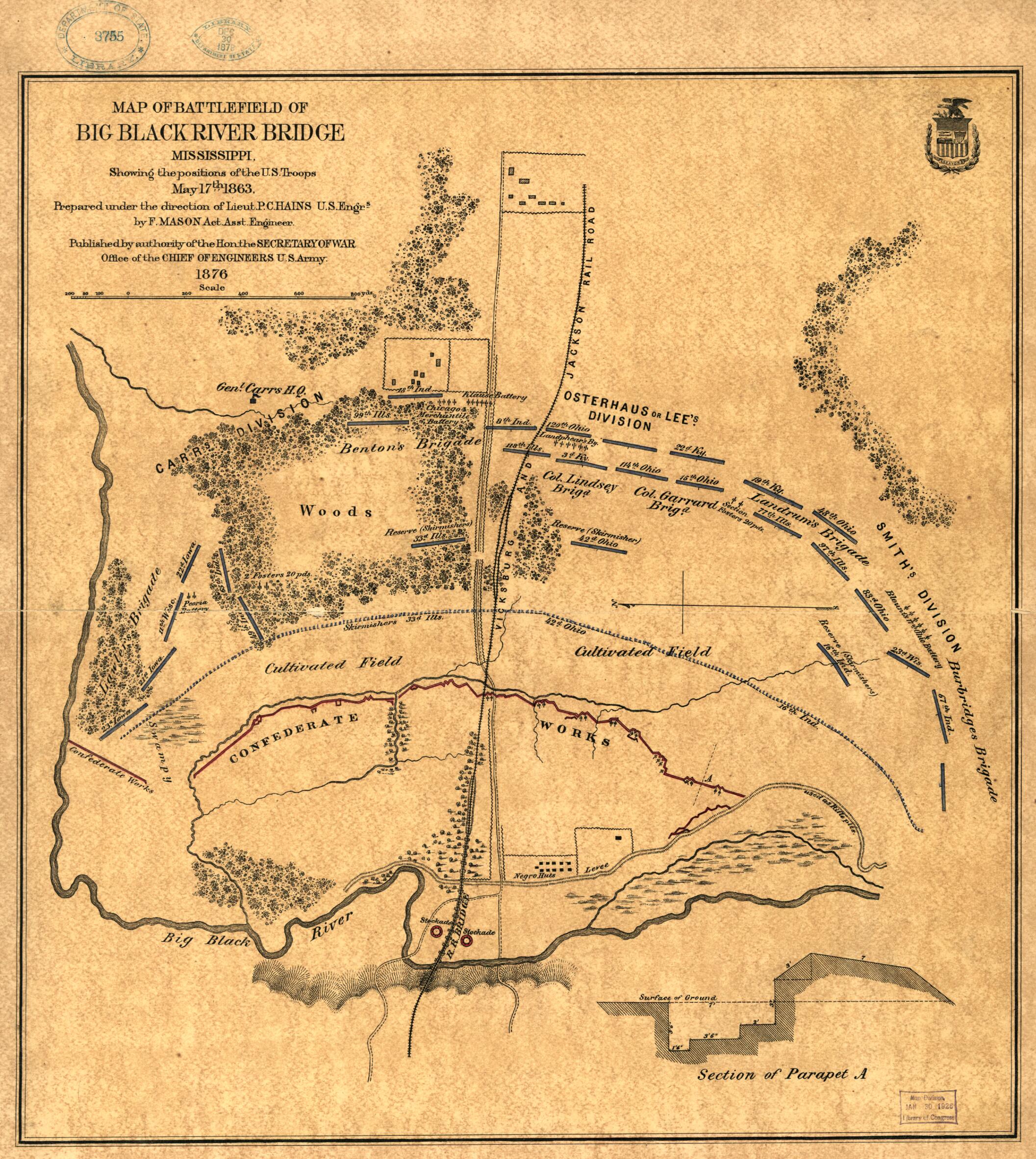 This old map of Map of Battlefield of Big Black River Bridge, Mississippi, Showing the Positions of the U.S. Troops, May 17th 1863 from 1876 was created by F. Mason, United States Army. Office of the Chief of Engineers in 1876