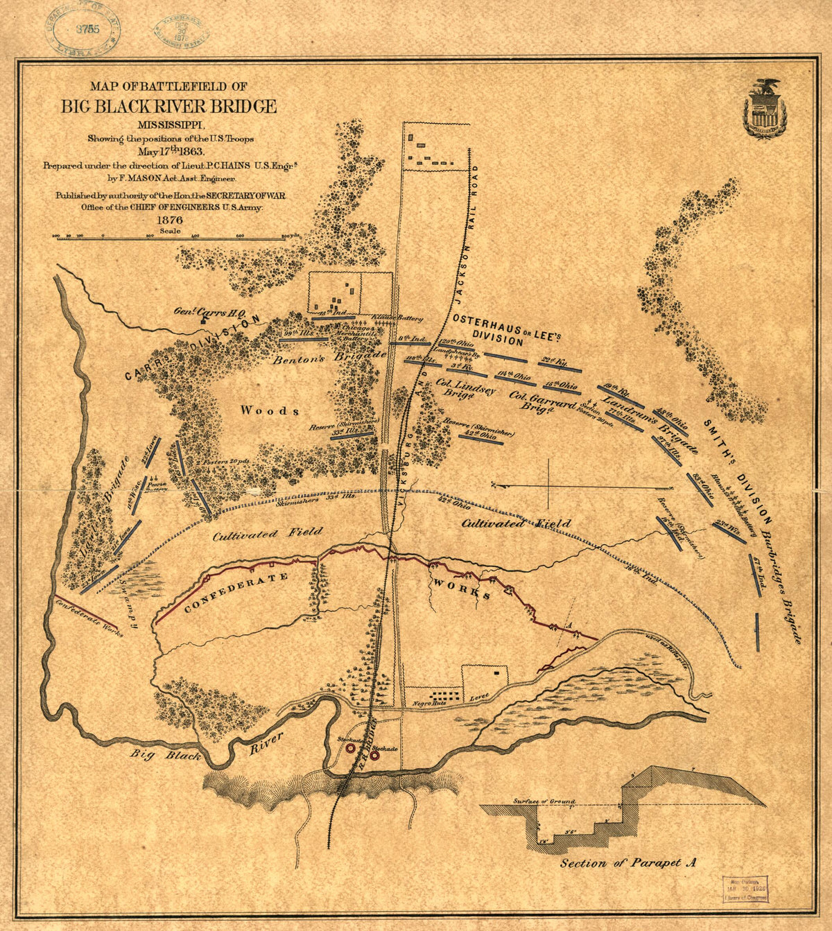 Map of Battlefield of Big Black River Bridge, Mississippi, Showing the Positions of the U.S. Troops, May 17th 1863 1876 by Relic Map Company