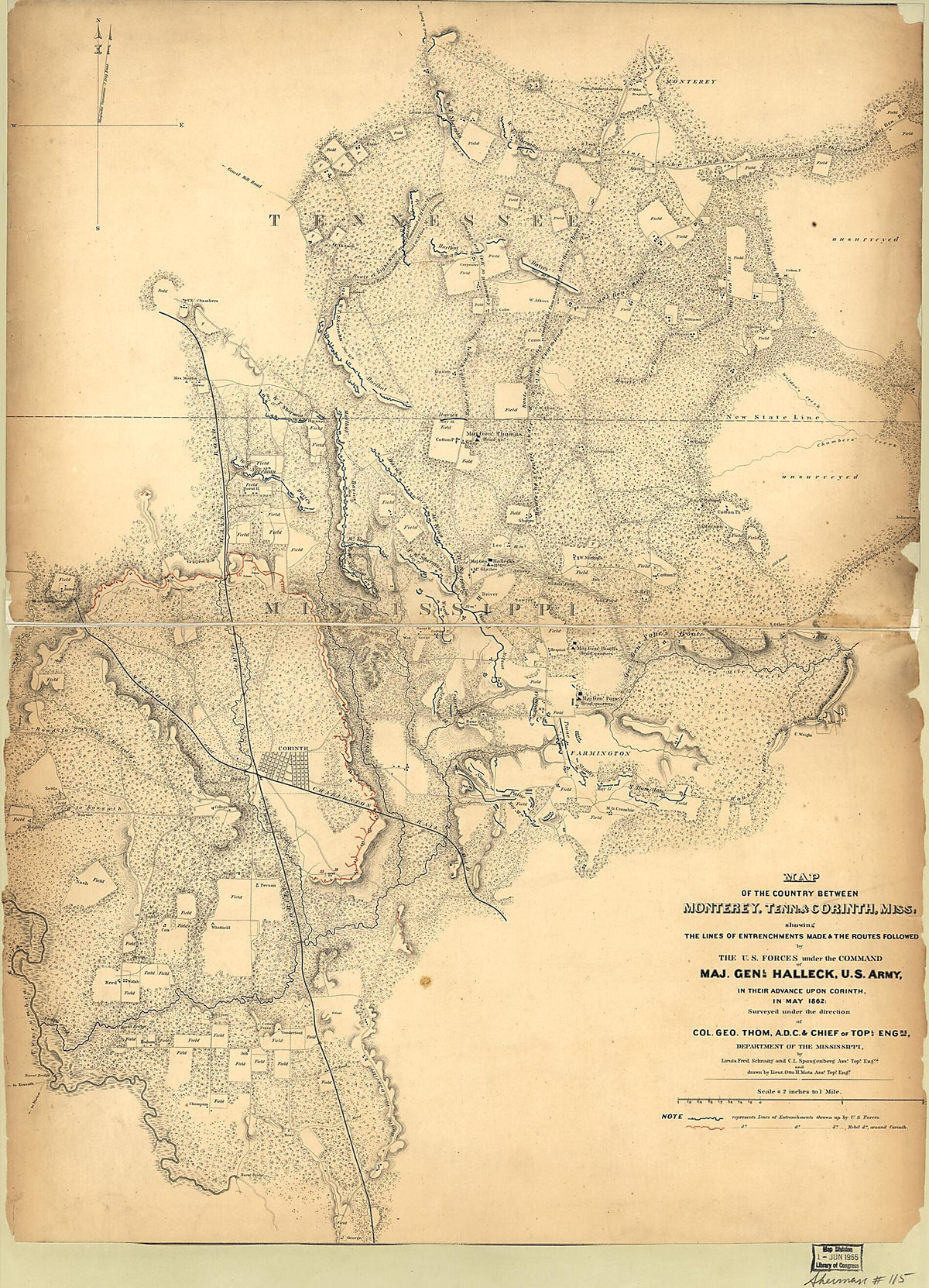 Map of the Country Between Monterey, Tenn: & Corinth, Miss: Showing the Lines of Entrenchments Made & the Routes Followed by the U.S. Forces Under the Command of Maj. Genl. Halleck, U.S. Army, In Their Advance Upon Corinth In May 1862: by Relic Map Company