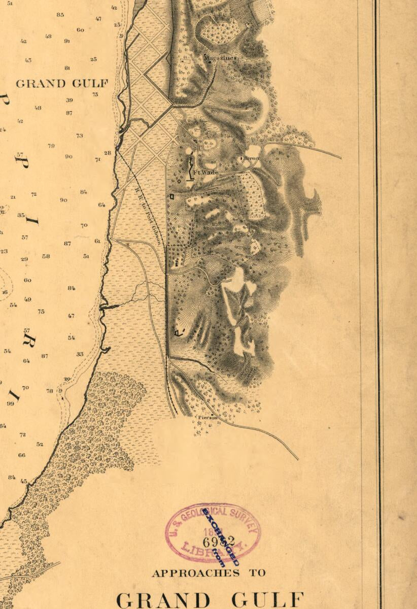 This old map of Approaches to Grand Gulf, Mississippi from 1864 was created by F. H. Gerdes in 1864