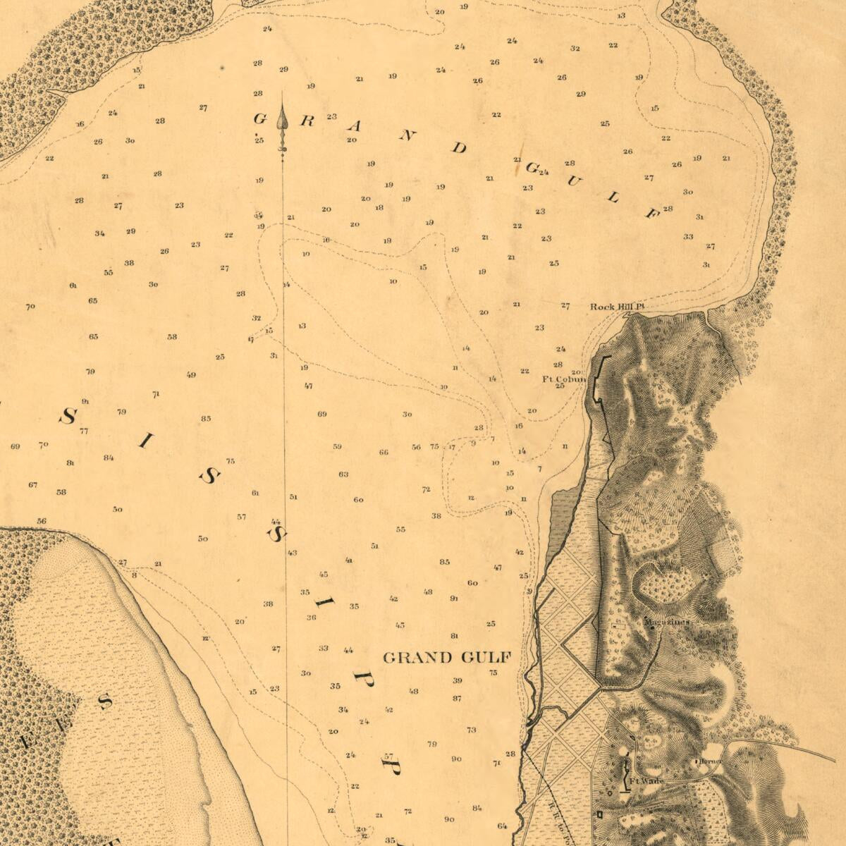 This old map of Approaches to Grand Gulf, Mississippi from 1864 was created by F. H. Gerdes in 1864