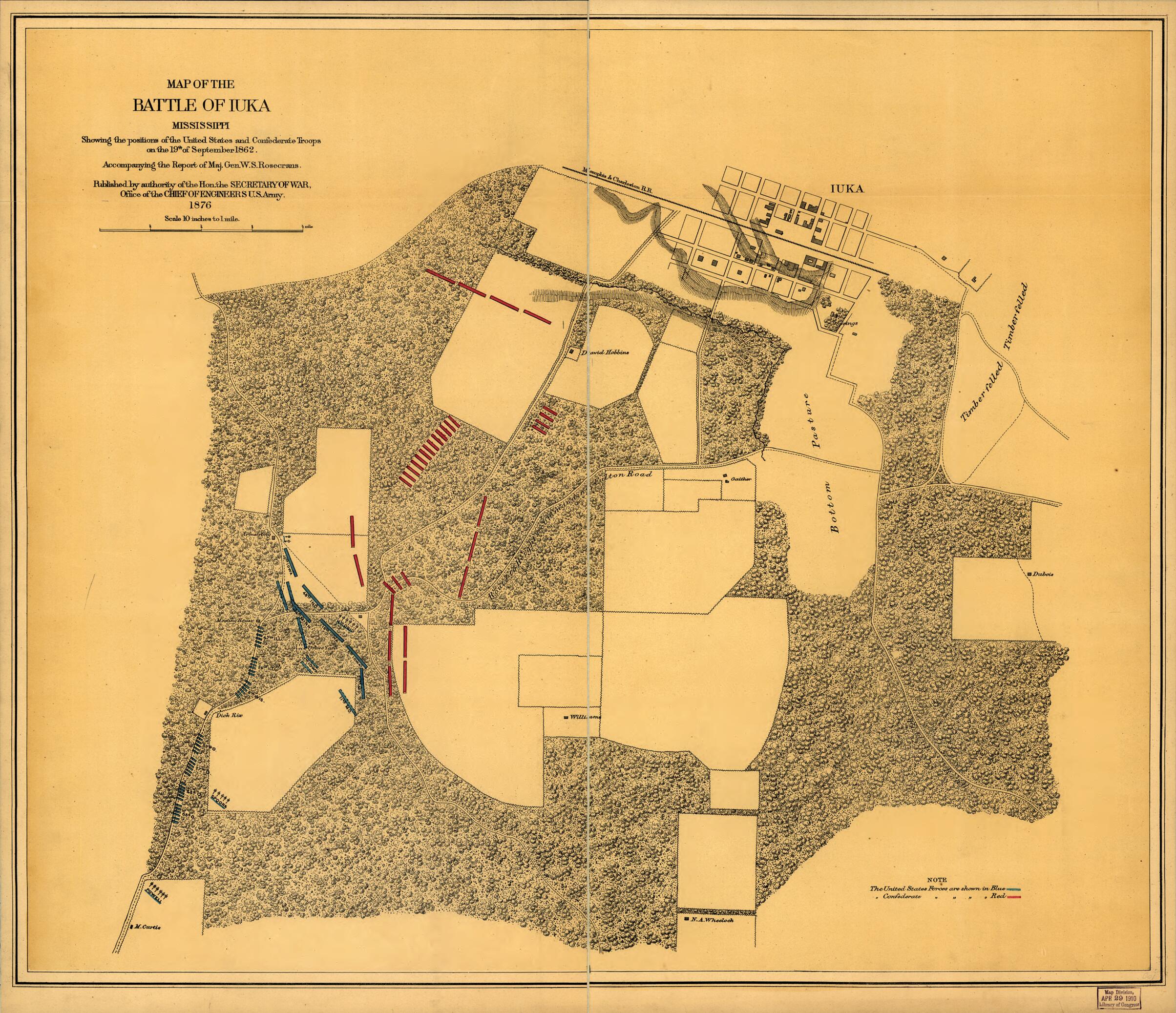 This old map of Map of the Battle of Iuka, Mississippi, Showing the Positions of the United States and Confederate Troops On the 19th of September 1862 from 1876 was created by United States. Army. Corps of Engineers in 1876