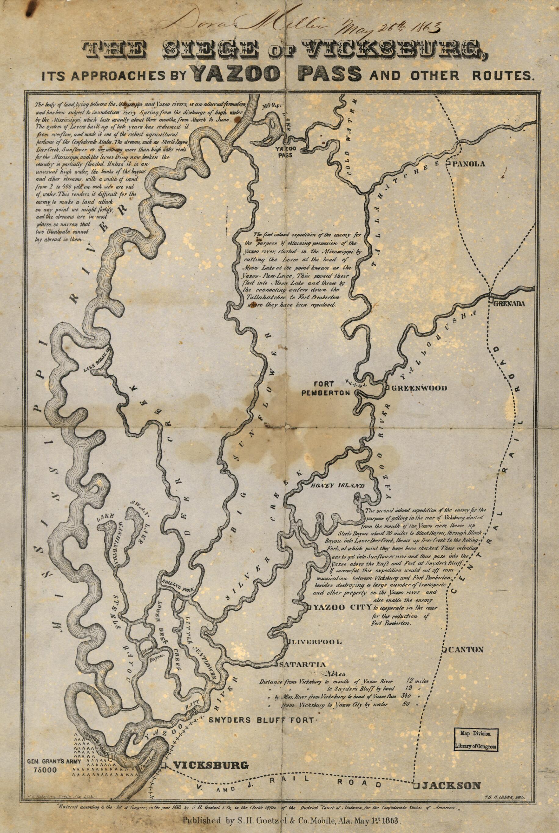 This old map of The Siege of Vicksburg, Its Approaches by Yazoo Pass and Other Routes from 1863 was created by T. S. Hardee in 1863