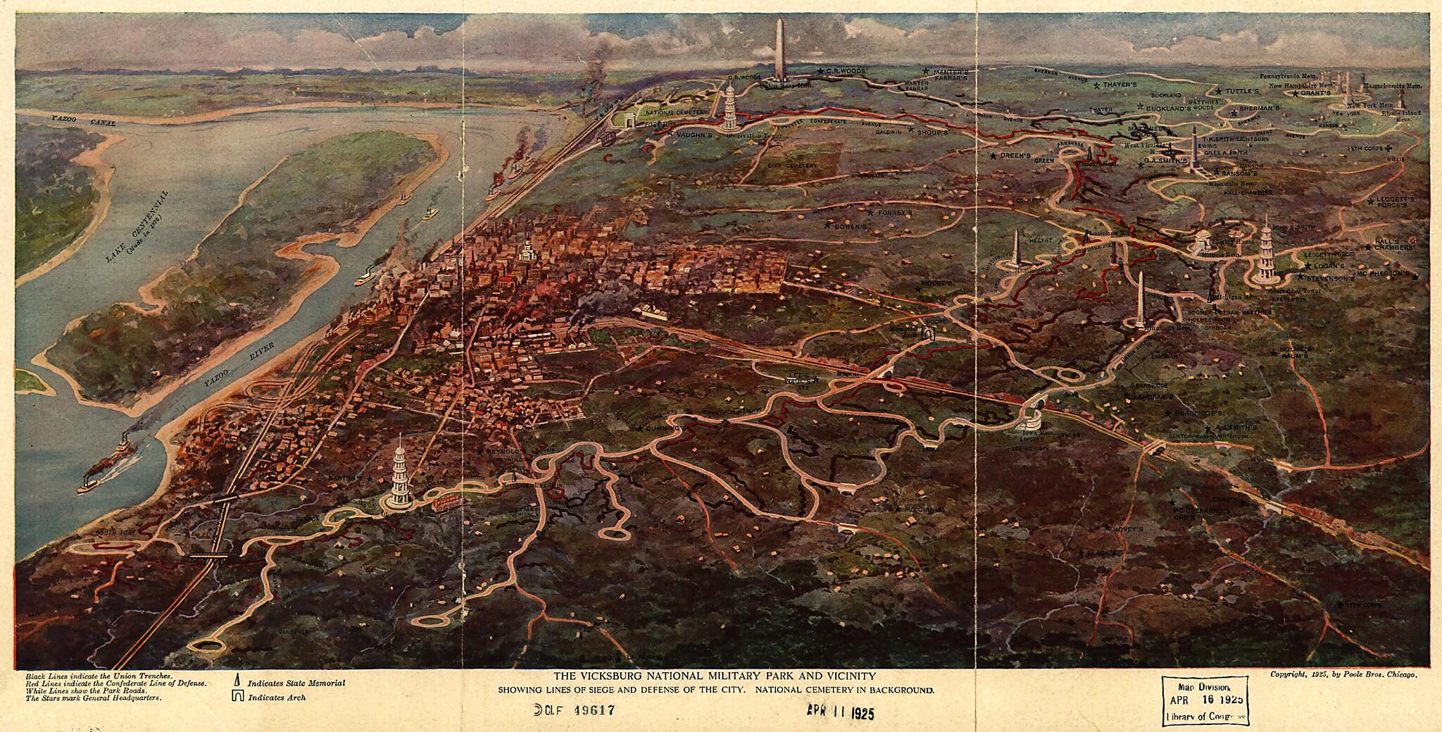 This old map of The Vicksburg National Military Park and Vicinity Showing Lines of Siege and Defense of the City. National Cemetery In Background from 1925 was created by Poole Brothers in 1925