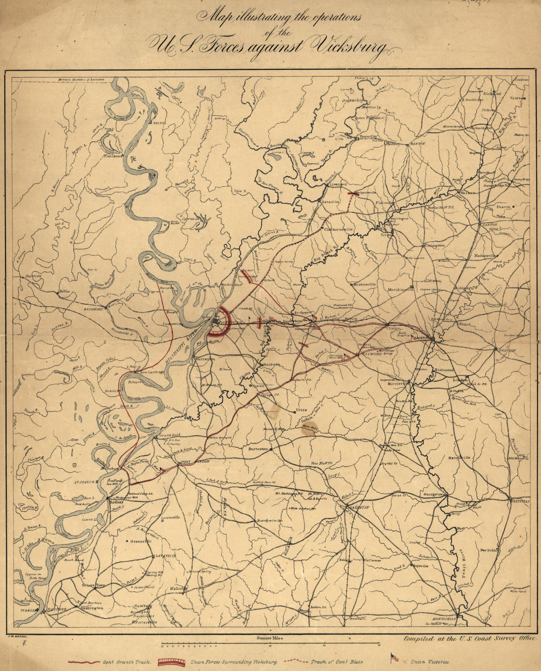This old map of Map Illustrating the Operations of the U.S. Forces Against Vicksburg from 1863 was created by United States Coast Survey in 1863