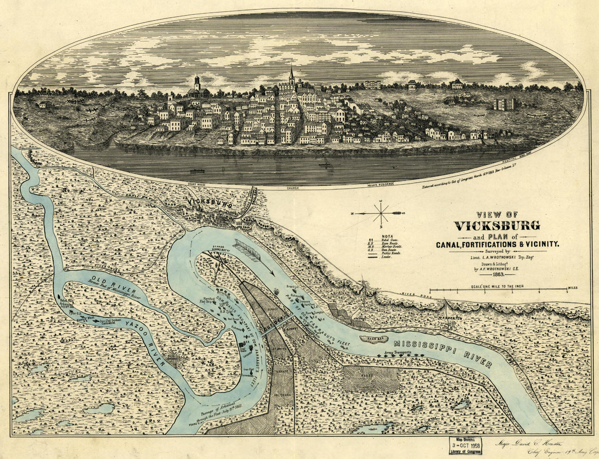 View of Vicksburg and Plan of the Canal, Fortifications & Vicinity 1863 by Relic Map Company