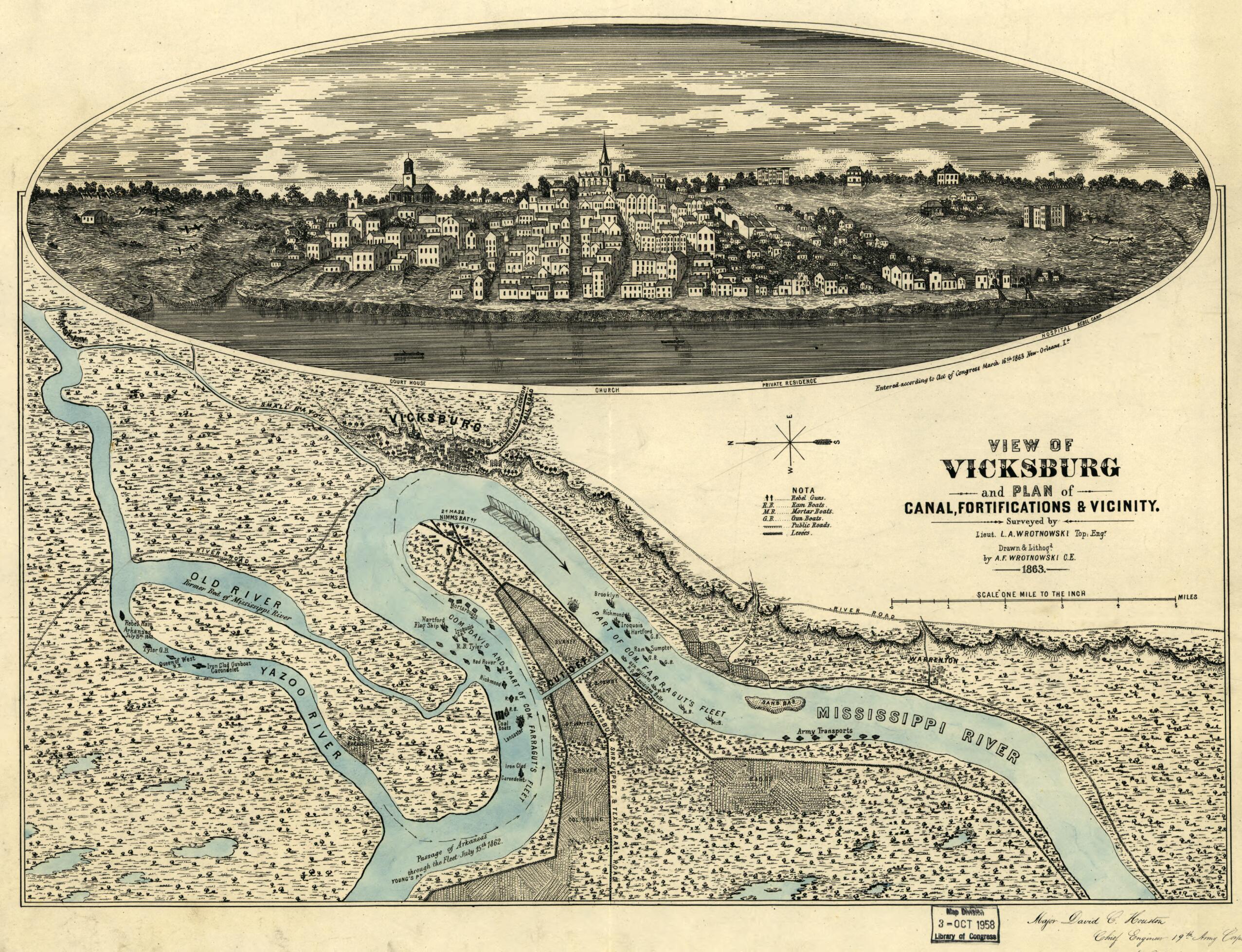 This old map of View of Vicksburg and Plan of the Canal, Fortifications & Vicinity from 1863 was created by L. A. Wrotnowski in 1863