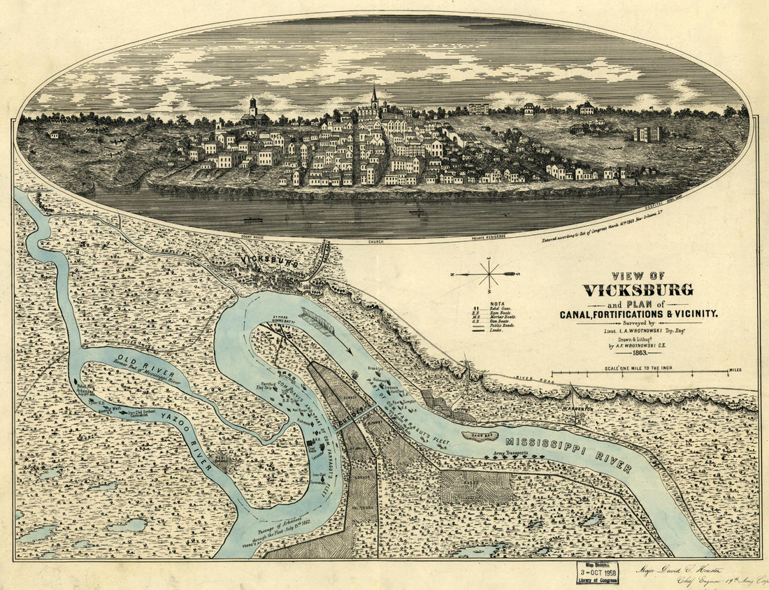 This old map of View of Vicksburg and Plan of the Canal, Fortifications & Vicinity from 1863 was created by L. A. Wrotnowski in 1863