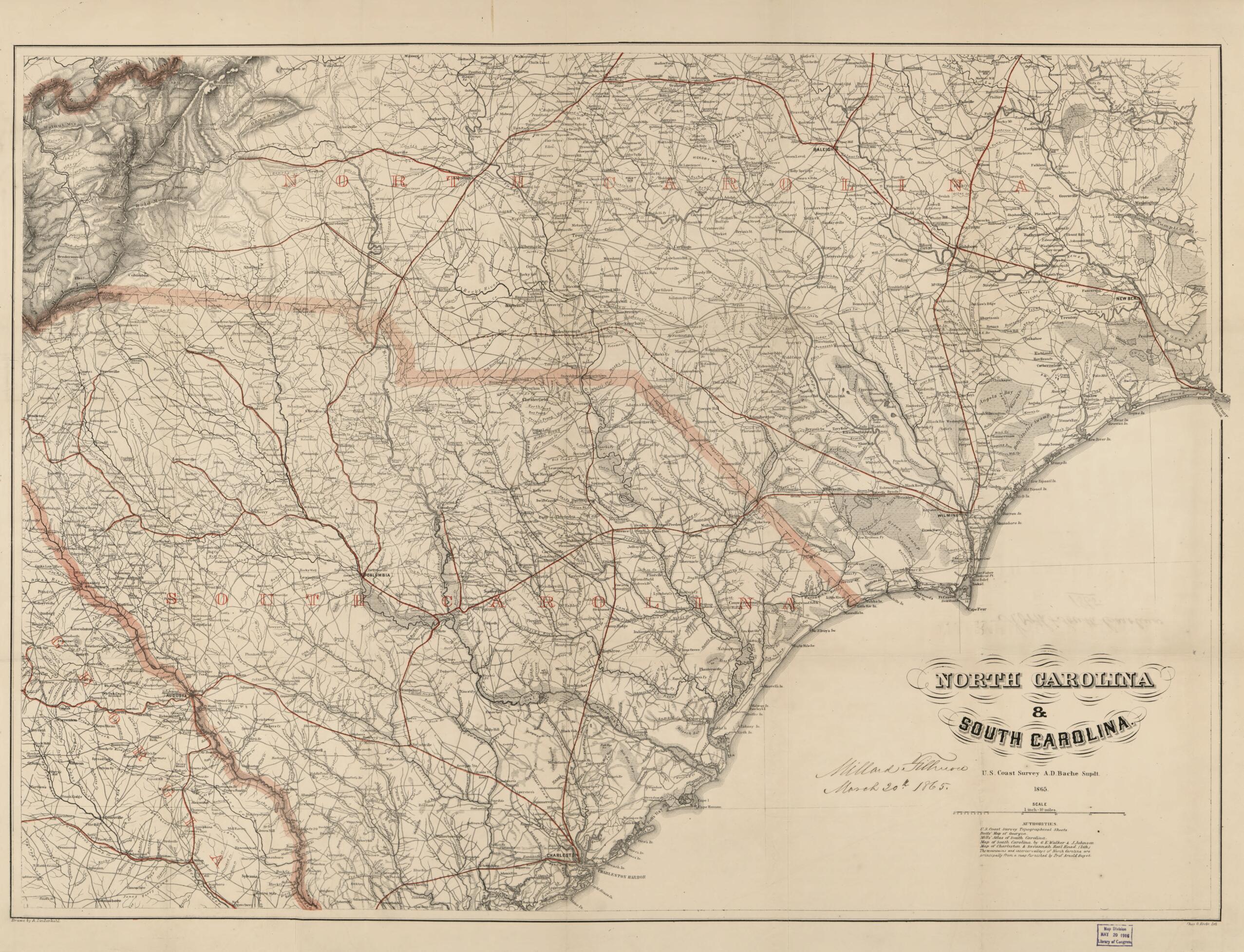 This old map of North Carolina & South Carolina from 1865 was created by A. Lindenkohl in 1865