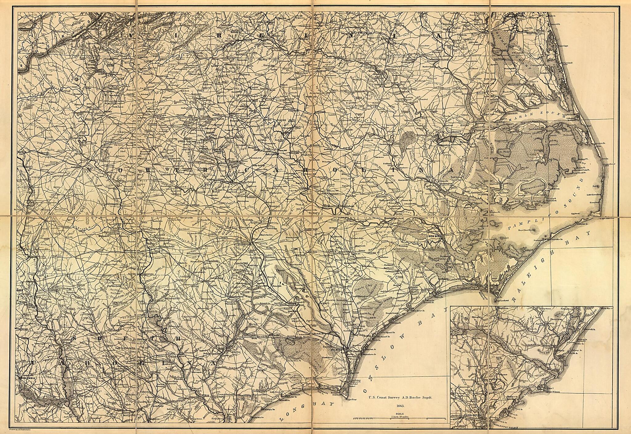 This old map of North Carolina, With Adjacent Parts of Virginia and South Carolina from 1865 was created by A. Lindenkohl, United States Coast Survey in 1865