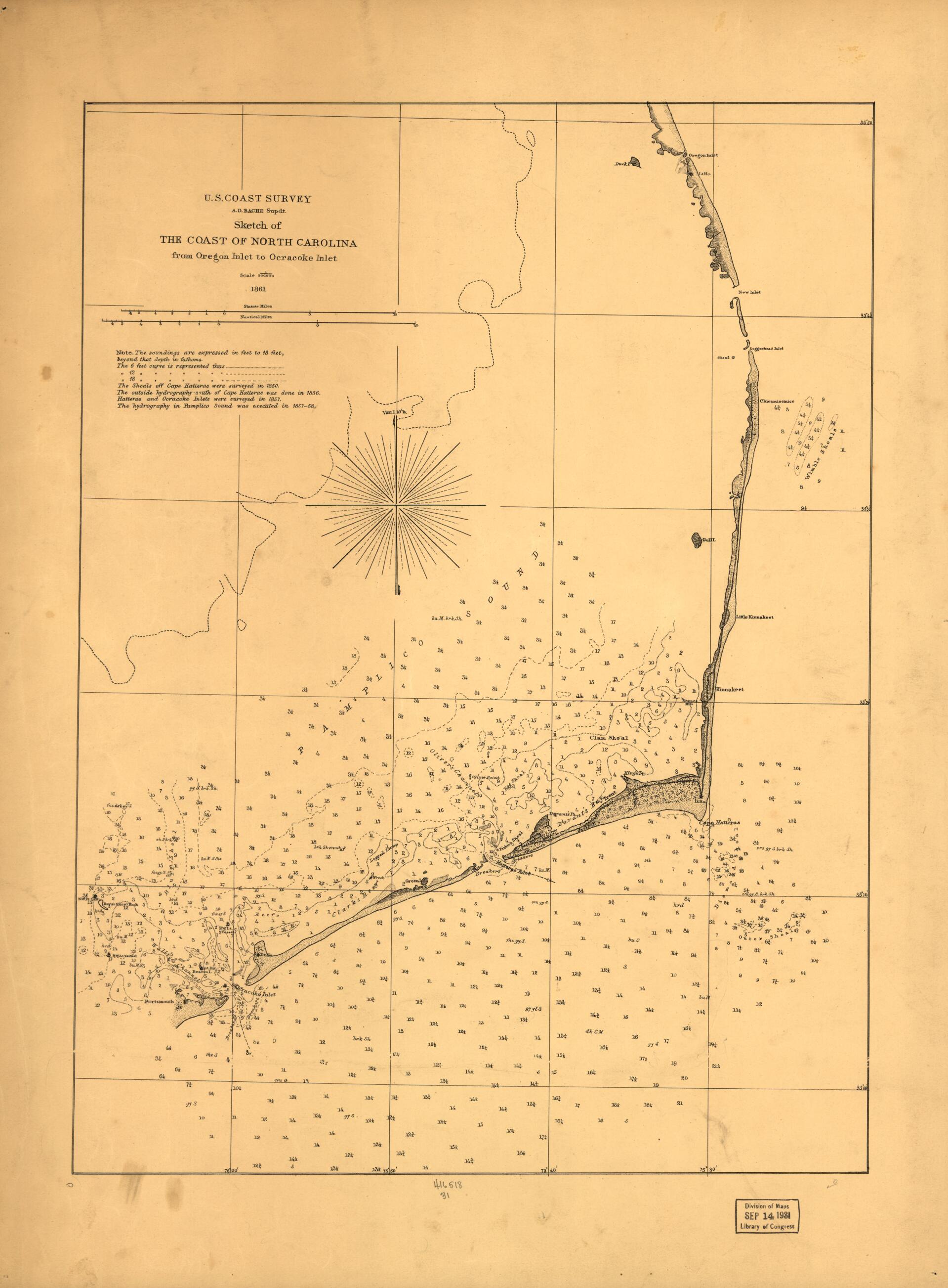This old map of Sketch of the Coast of North Carolina from Oregon Inlet to Ocracoke Inlet from 1861 was created by United States Coast Survey in 1861