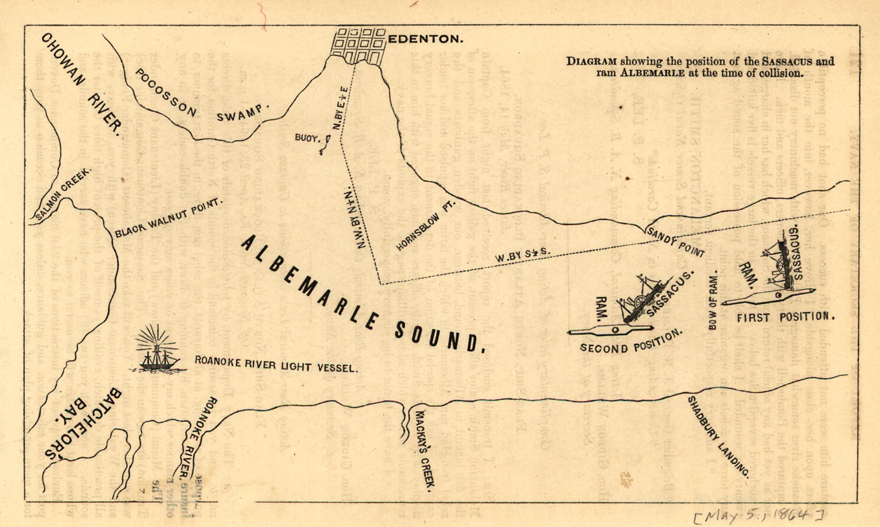 This old map of Diagram Showing the Position of the Sassacus and Ram Albemarle at the Time of Collision from 1864 was created by United States. Navy in 1864