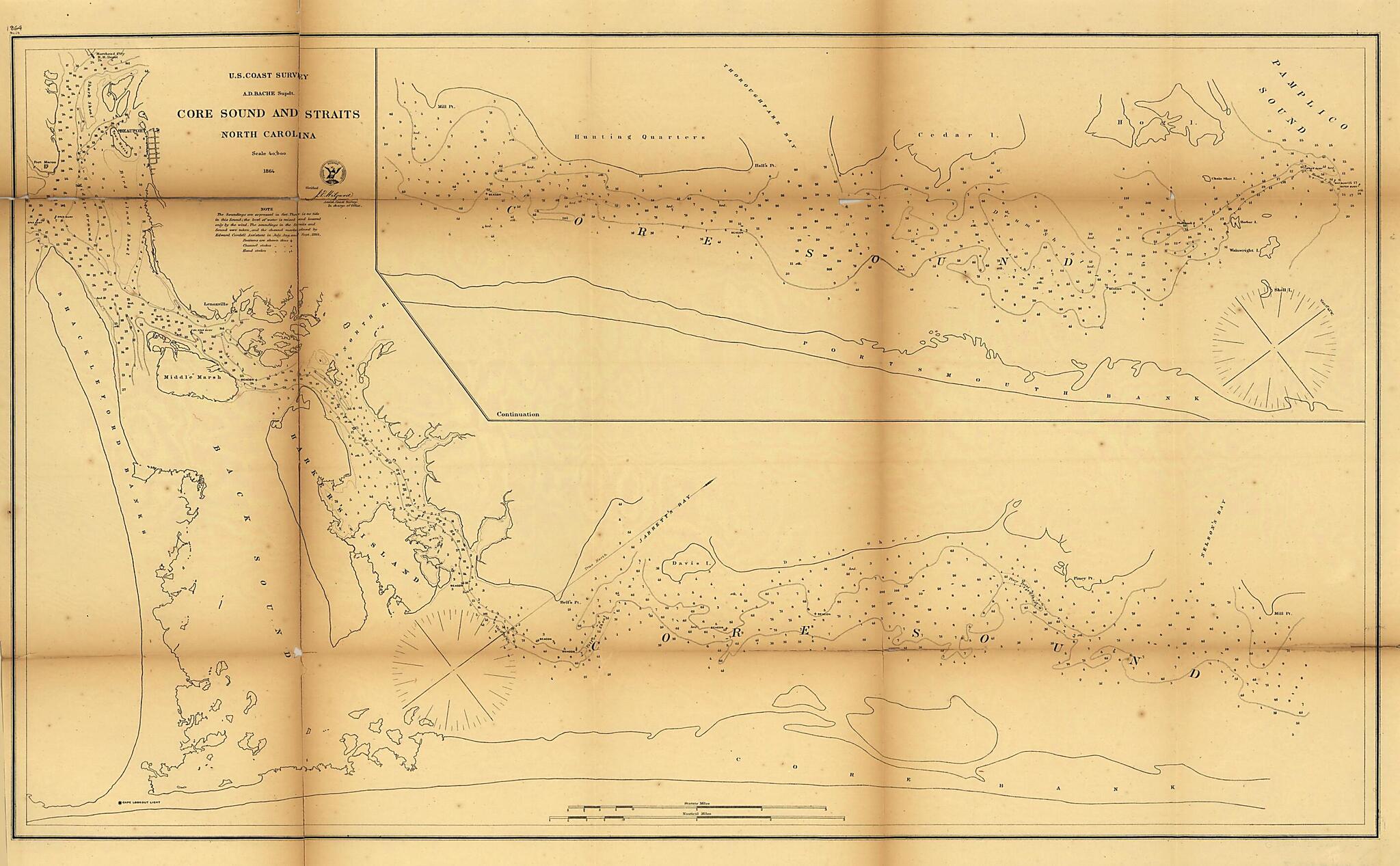 This old map of Core Sound and Straits, North Carolina from 1864 was created by United States Coast Survey in 1864