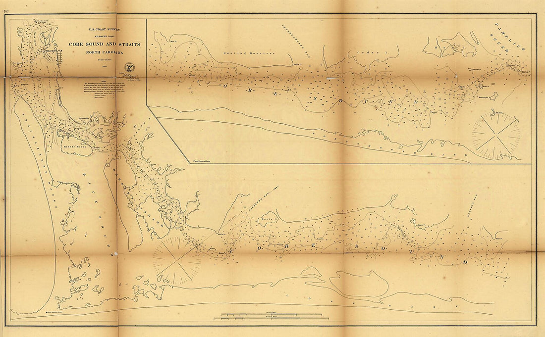 This old map of Core Sound and Straits, North Carolina from 1864 was created by United States Coast Survey in 1864