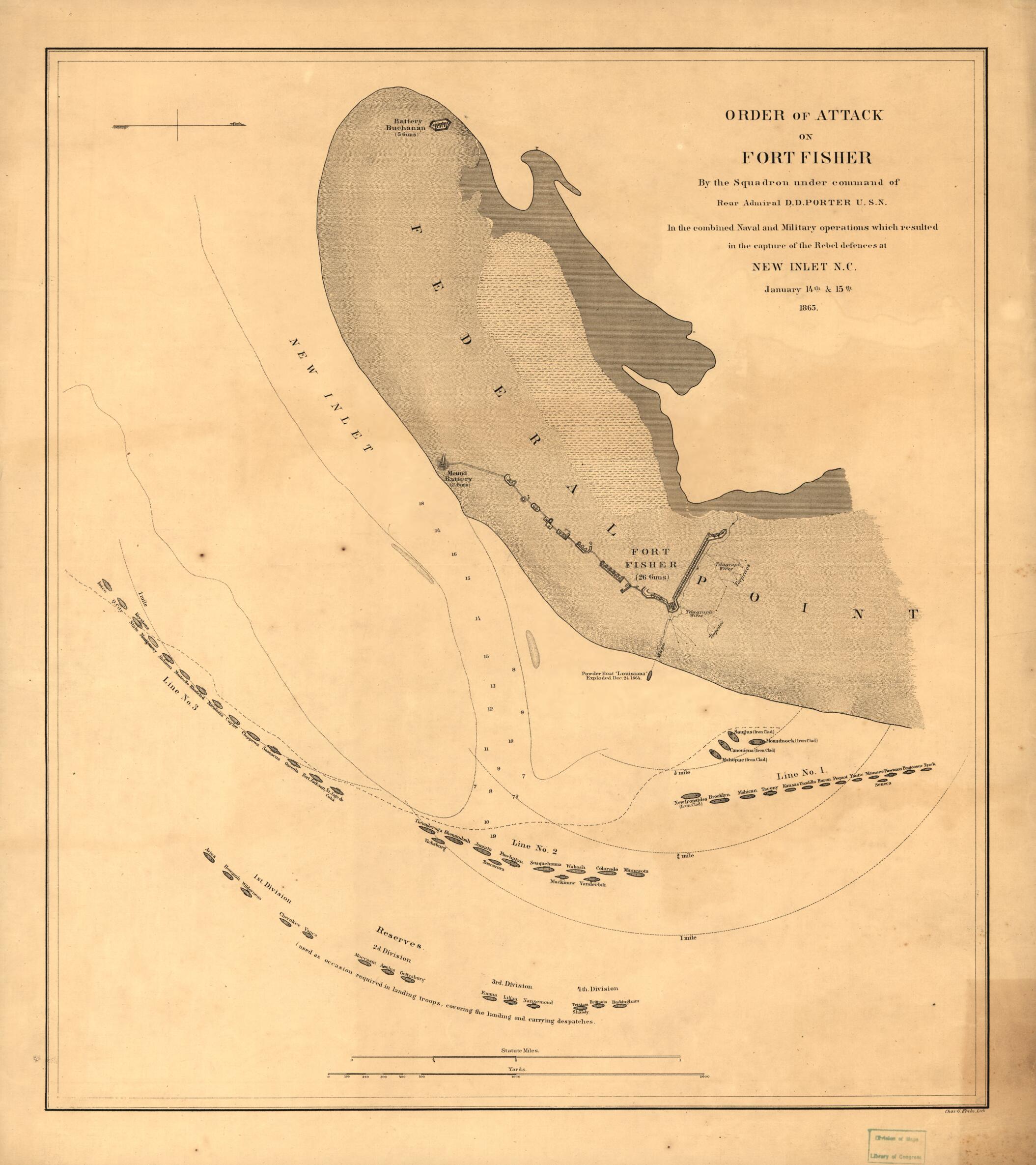 This old map of Order of Attack On Fort Fisher by the Squadron Under Command of Rear Admiral D. D. Porter, U.S.N. In the Combined Naval and Military Operations Which Resulted In the Capture of the Rebel Defences at New Inlet, N.C. January 14th & 15th fro