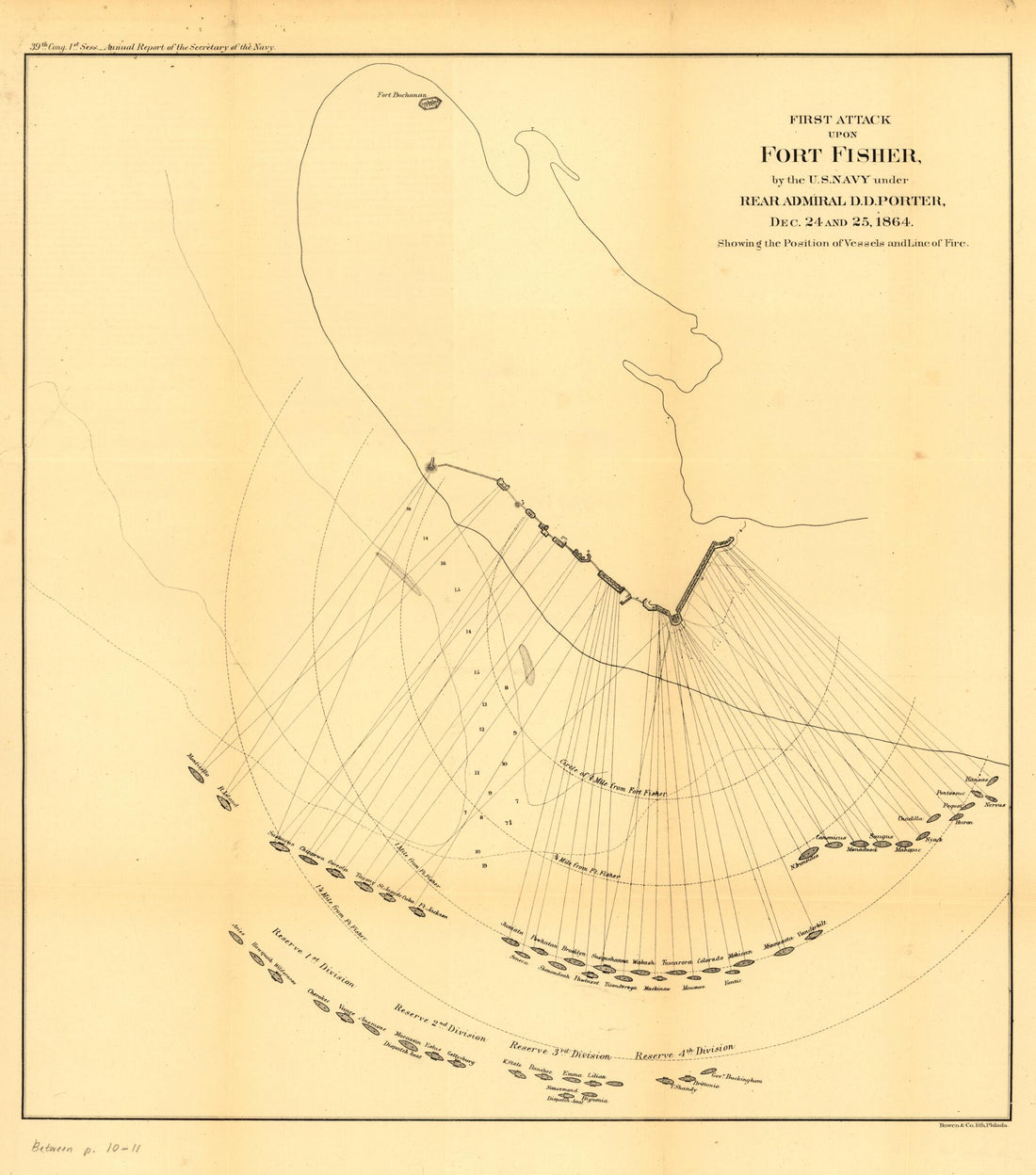 This old map of First Attack Upon Fort Fisher, by the U.S. Navy Under Rear Admiral D. D. Porter, Dec. 24 and 25, 1864. Showing the Position of Vessels and Line of Fire from 1865 was created by United States. Navy in 1865