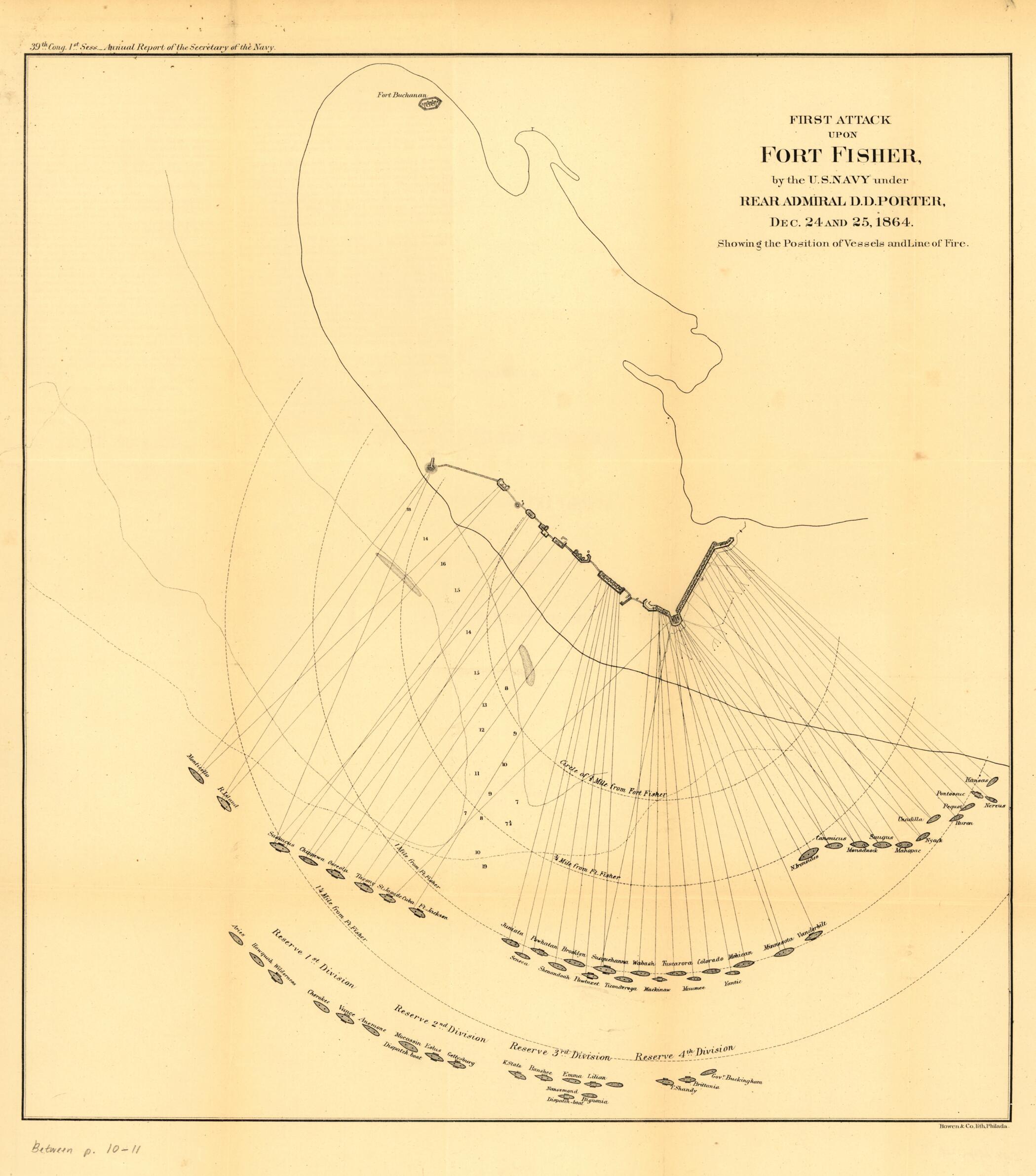 This old map of First Attack Upon Fort Fisher, by the U.S. Navy Under Rear Admiral D. D. Porter, Dec. 24 and 25, 1864. Showing the Position of Vessels and Line of Fire from 1865 was created by United States. Navy in 1865