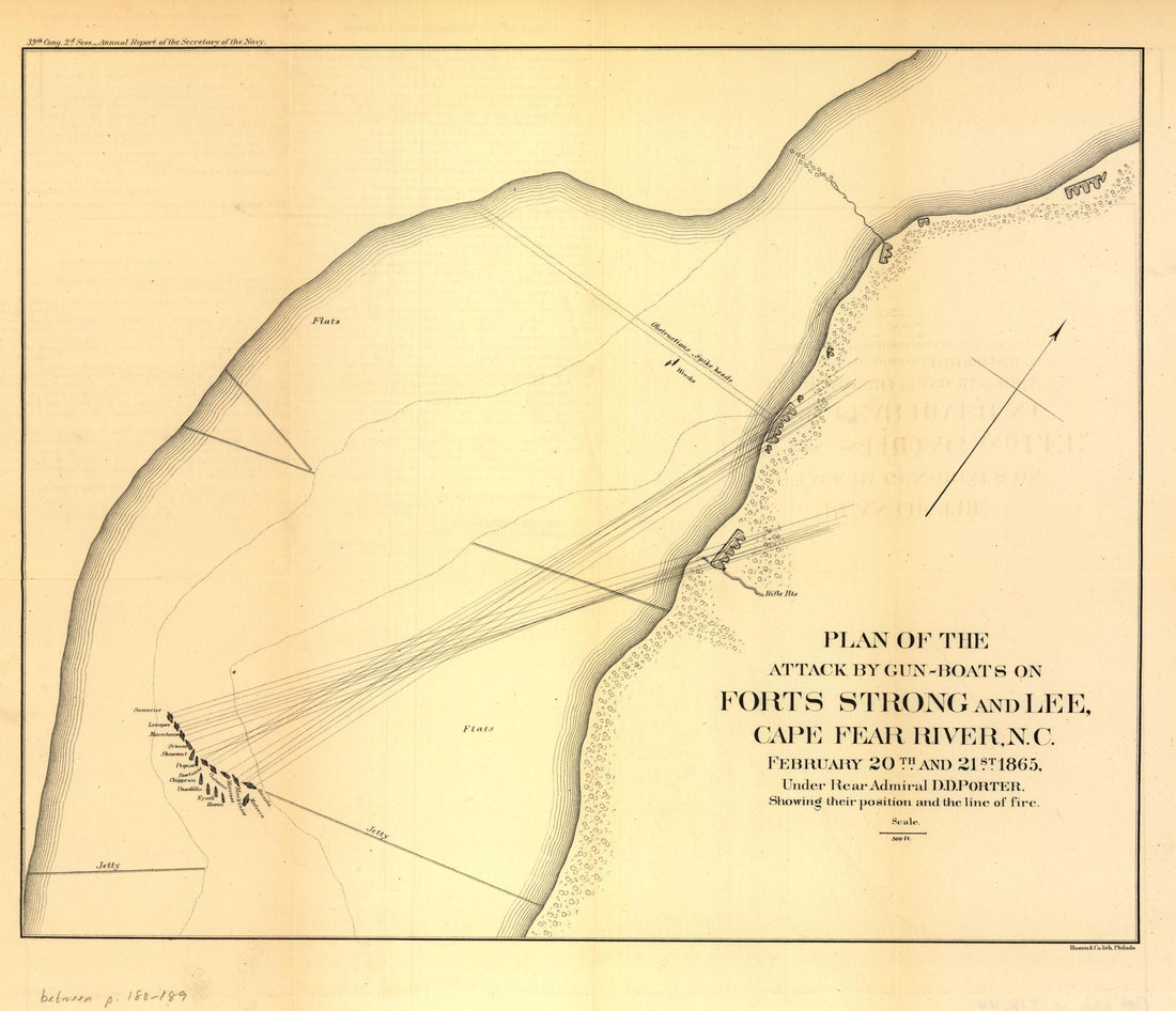 This old map of Boats On Forts Strong and Lee, Cape Fear River, N.C. February 20th and 21st from 1865 was created by United States. Navy in 1865