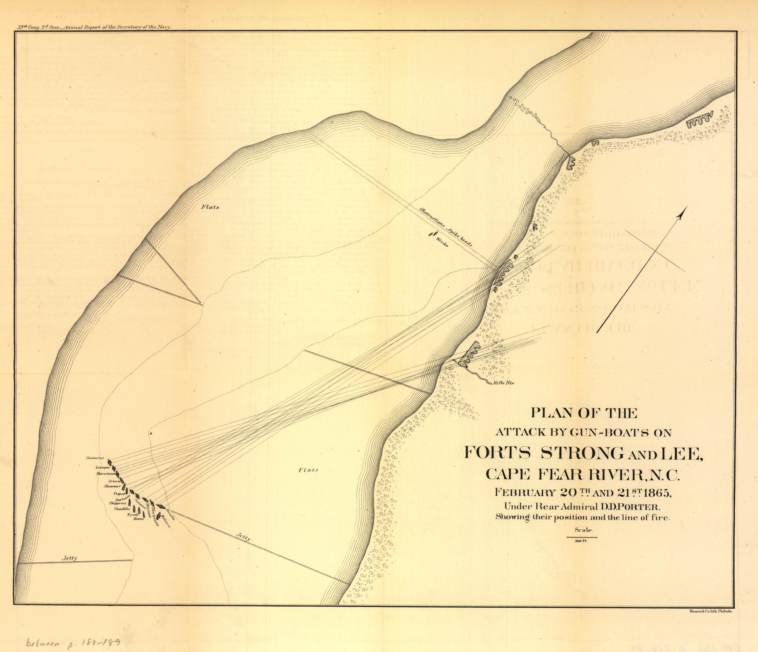 This old map of Boats On Forts Strong and Lee, Cape Fear River, N.C. February 20th and 21st from 1865 was created by United States. Navy in 1865