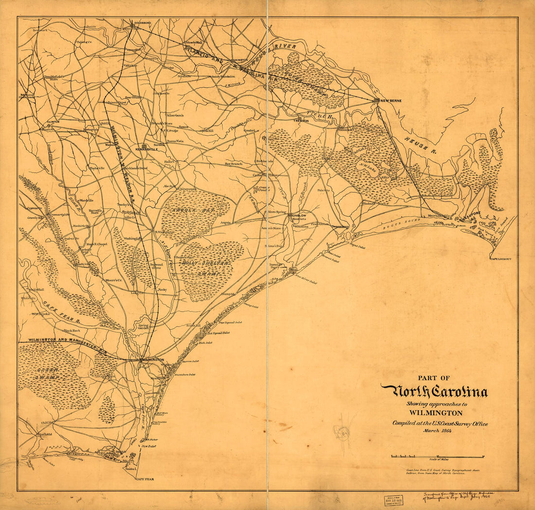 This old map of Part of North Carolina Showing Approaches to Wilmington from 1864 was created by United States Coast Survey in 1864