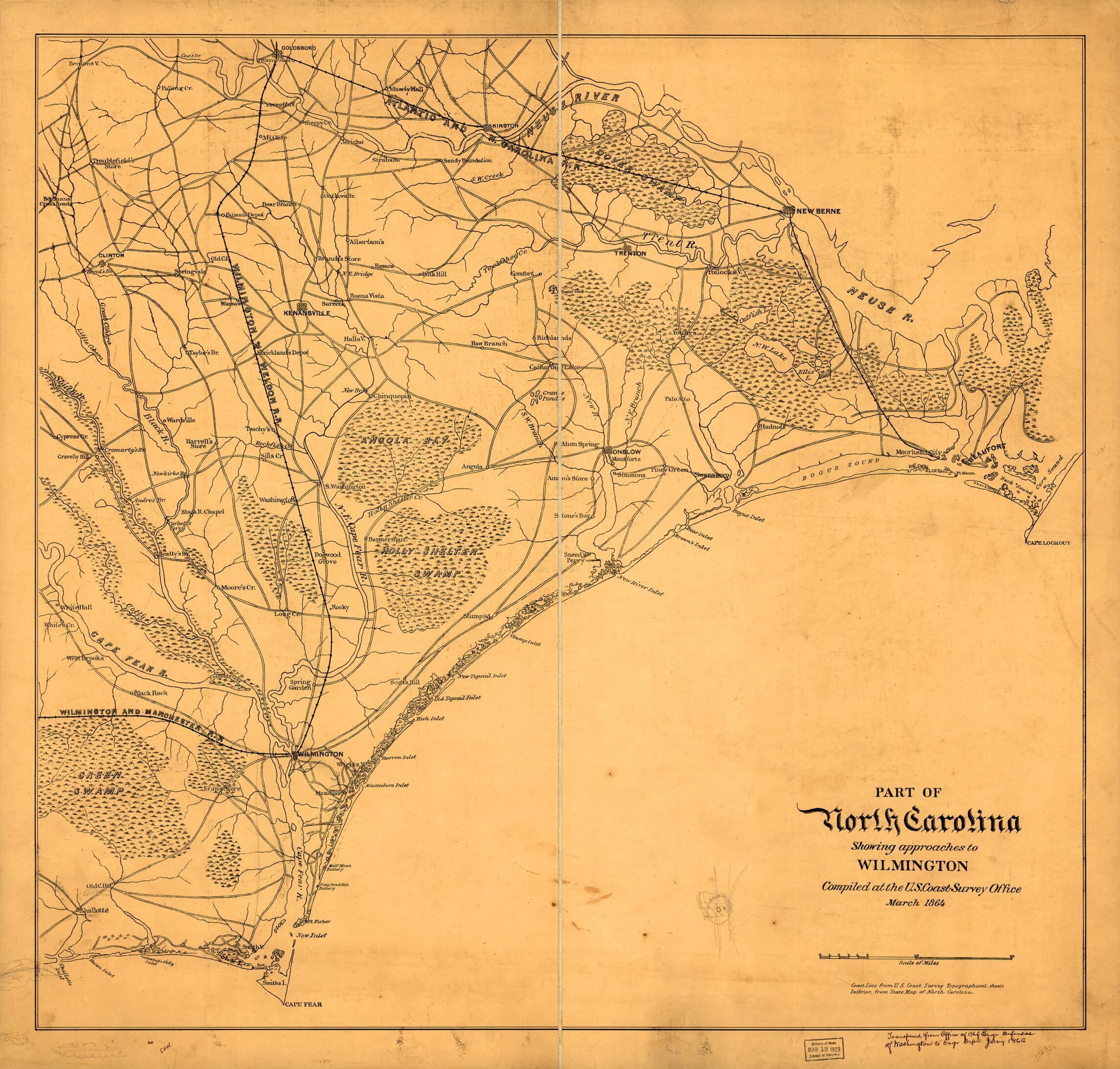 This old map of Part of North Carolina Showing Approaches to Wilmington from 1864 was created by United States Coast Survey in 1864